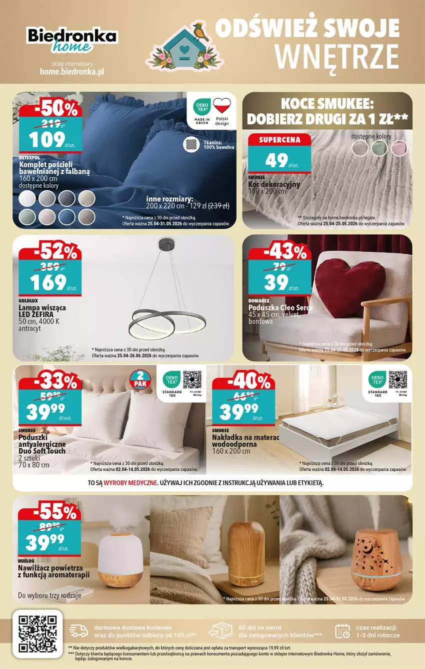 Gazetka promocyjna Biedronka - Okazje Tygodnia - ważna 25.04 do 09.05.2026 - strona 42 - produkty: Fa, Komplet pościeli, Lampa, Lampa wisząca, Materac, Nawilżacz powietrza, Poduszka, Por, Pościel, Ser, Sport, Tera, Tran