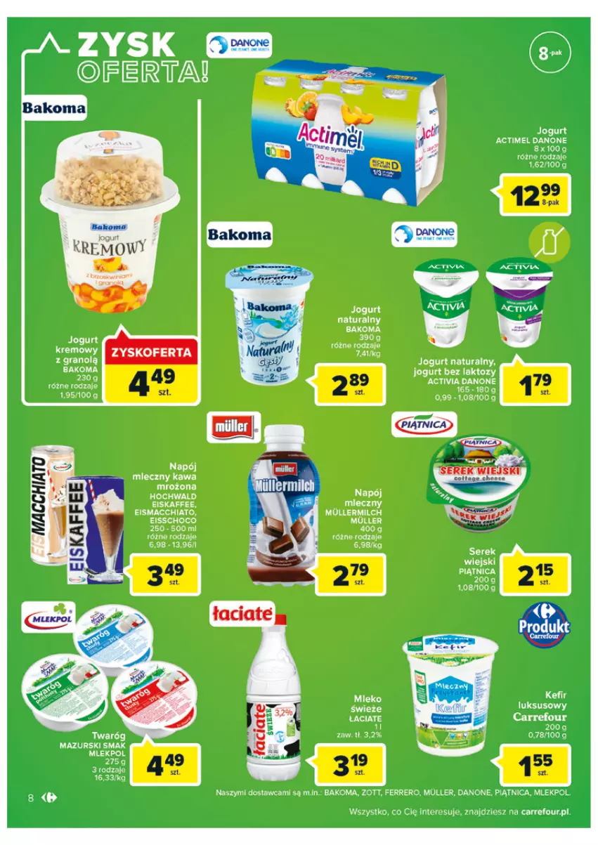 Gazetka promocyjna Carrefour - Gazetka Carrefour - ważna 04.05 do 28.05.2022 - strona 8 - produkty: Actimel, Bakoma, Chia, Danone, Ferrero, Gra, Jogurt, Jogurt naturalny, Kawa, Napój, Napój mleczny, O nas, Piątnica, Ser, Serek, Serek wiejski, Twaróg, Zott