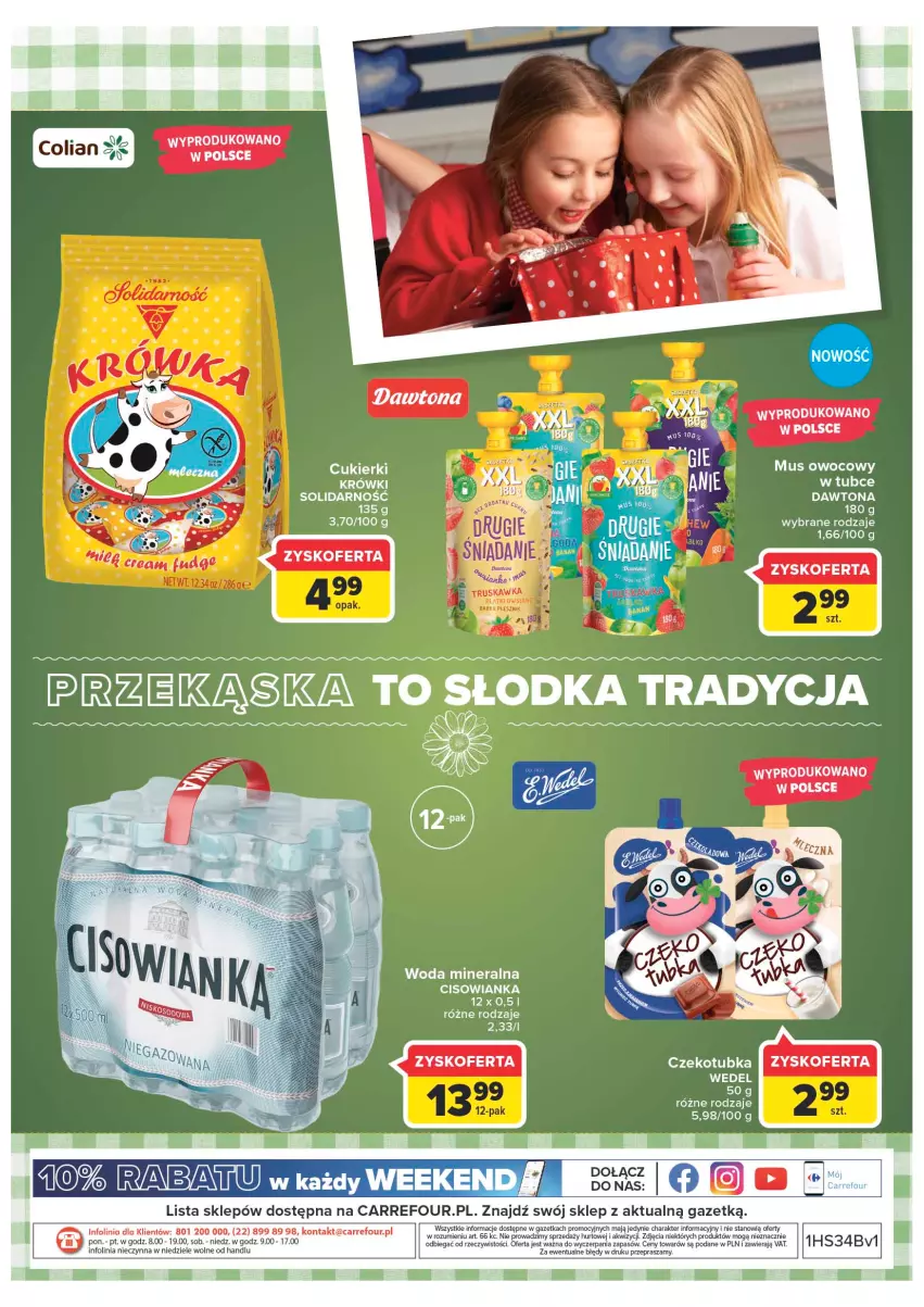 Gazetka promocyjna Carrefour - Gazzetka Polskie znane i kochane - ważna 23.08 do 29.08.2022 - strona 12 - produkty: Cisowianka, Cukier, Cukierki, Dawtona, Fa, Mus, Taca, Woda, Woda mineralna