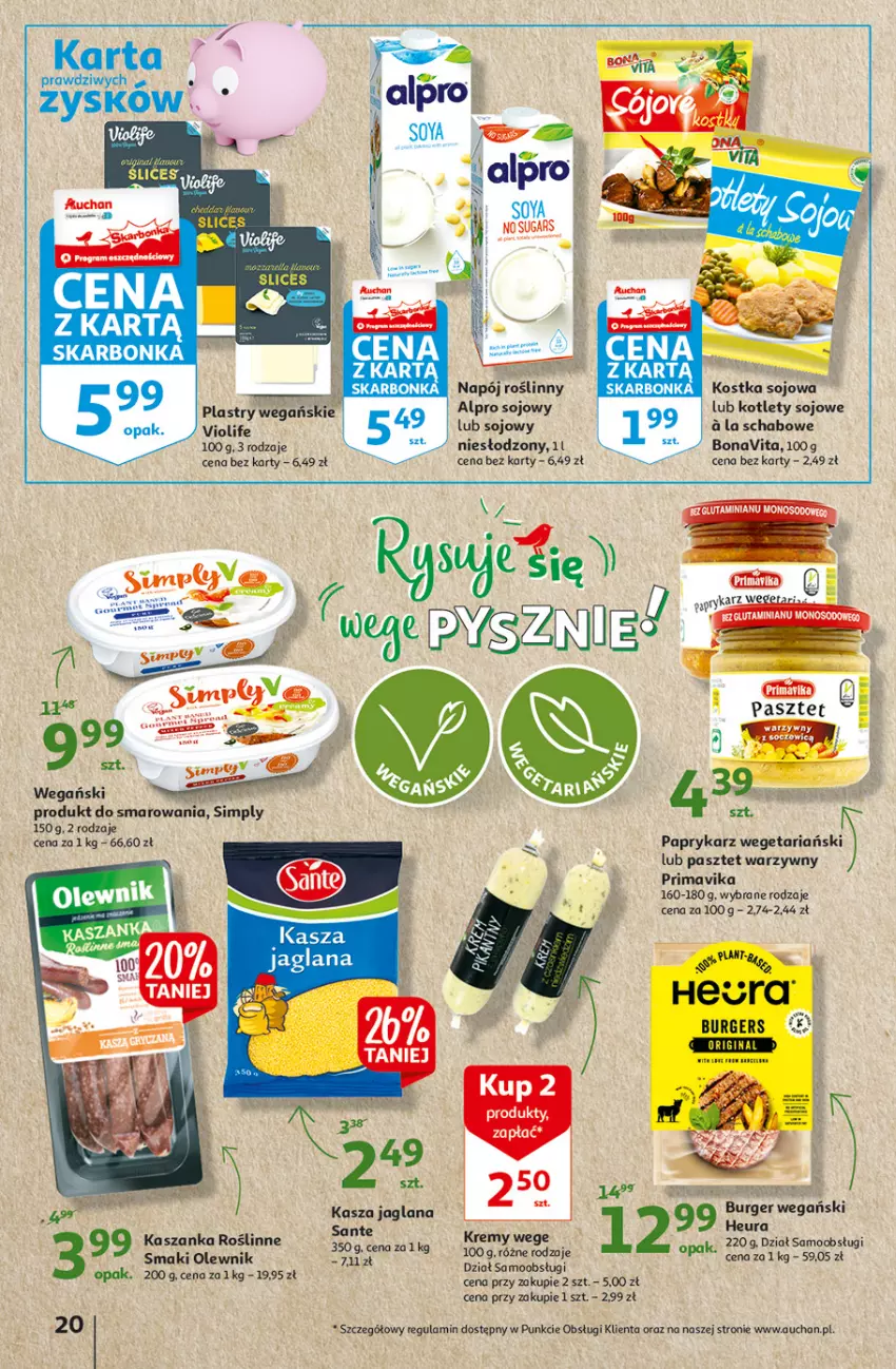 Gazetka promocyjna Auchan - Rysuje się słodka przekąska Hipermarkety - ważna 12.08 do 18.08.2021 - strona 20 - produkty: Alpro, Burger, Kasza, Kasza jaglana, Kotlet, LANA, Olewnik, Papryka, Paprykarz, Pasztet, Prima, Primavika, Sante