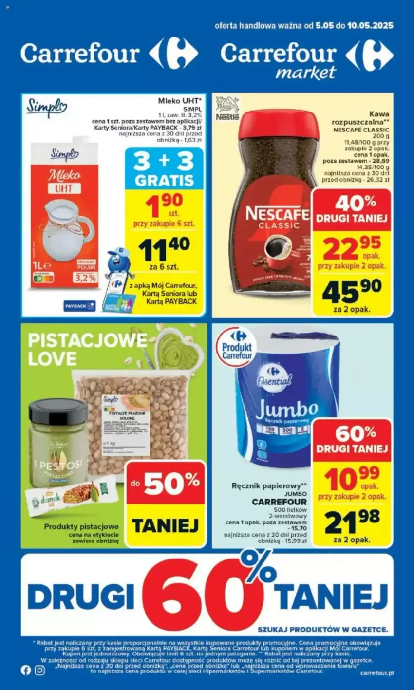 Gazetka promocyjna Carrefour - ważna 05.05 do 10.05.2025 - strona 1 - produkty: Kawa, Kawa rozpuszczalna, Mleko, Papier, Por, Ręcznik