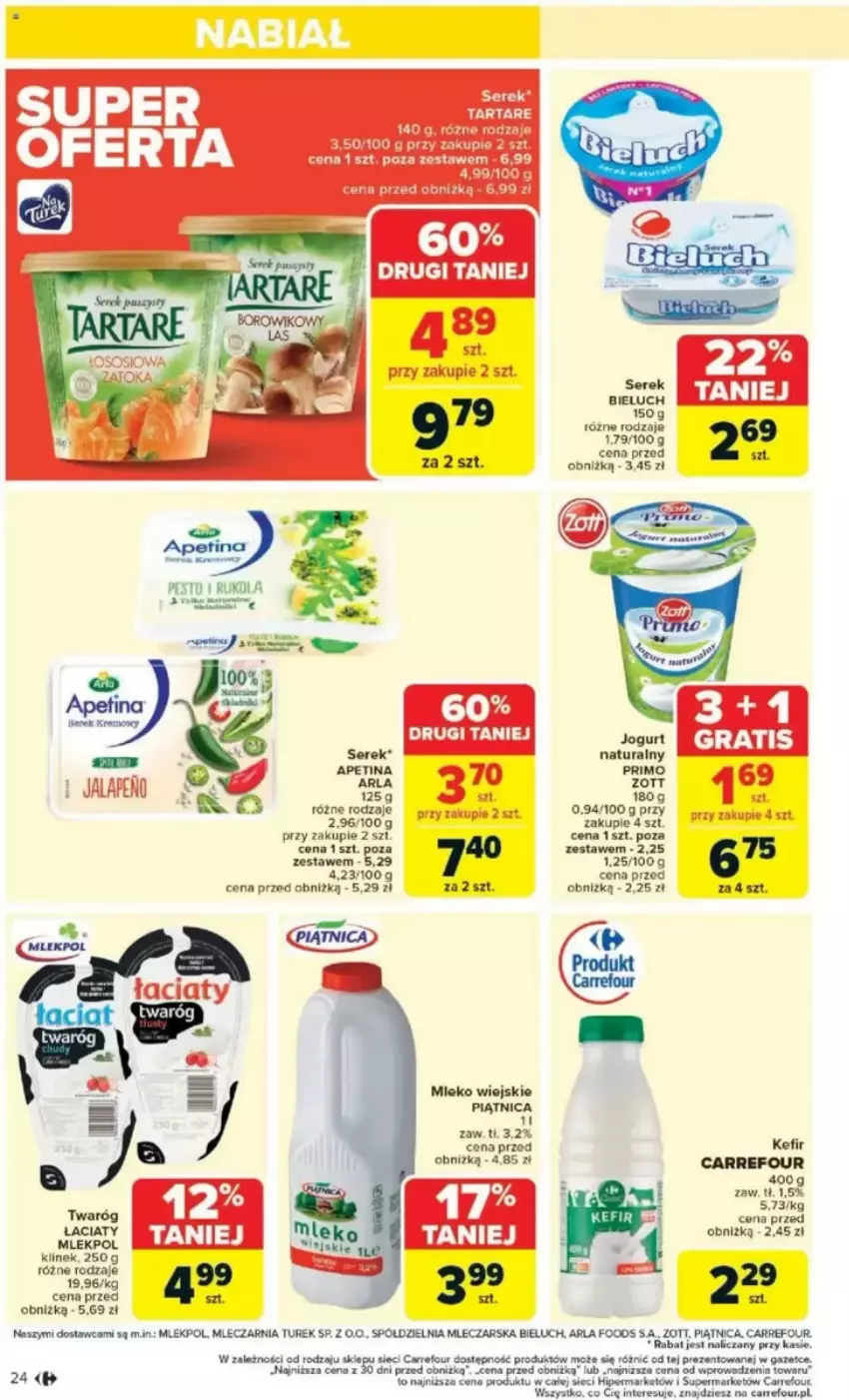 Gazetka promocyjna Carrefour - ważna 05.05 do 10.05.2025 - strona 19 - produkty: Bieluch, Gra, Kefir, Mleko, Piątnica, Rukola, Ser, Serek, Sos, Tarta, Tartare, Twaróg, Zott