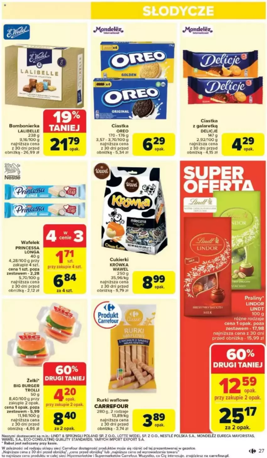 Gazetka promocyjna Carrefour - ważna 05.05 do 10.05.2025 - strona 22 - produkty: Bell, Burger, Ciastka, Cukier, Cukierki, Delicje, Gala, Lindt, Por, Princessa, Rurki, Wafelek, Wawel