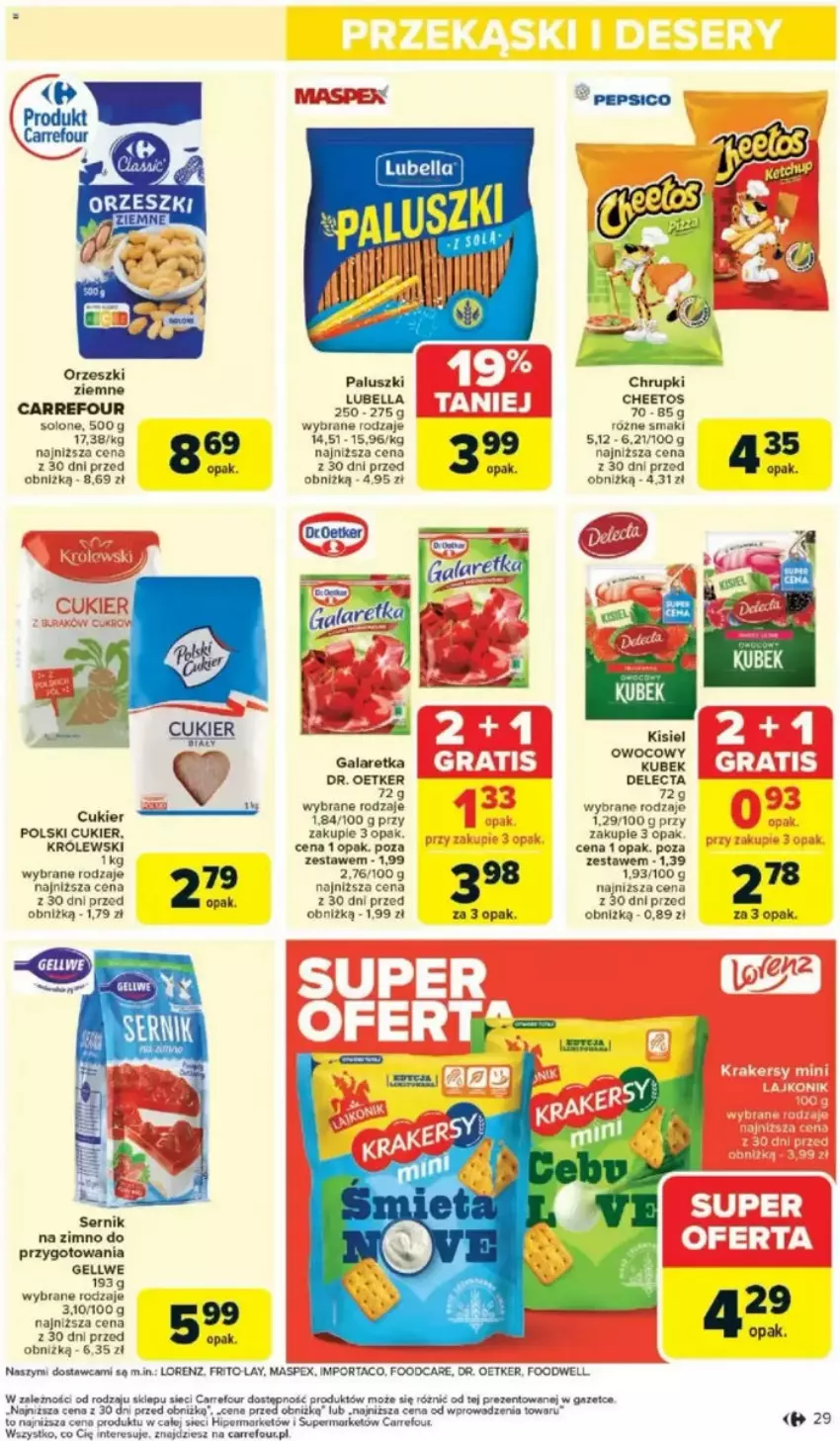 Gazetka promocyjna Carrefour - ważna 05.05 do 10.05.2025 - strona 25 - produkty: Bell, Bella, Cheetos, Chrupki, Cukier, Delecta, Gala, Galaretka, HP, Kisiel, Królewski, Kubek, Lorenz, Lubella, Orzeszki, Orzeszki ziemne, Por, Ser, Szal