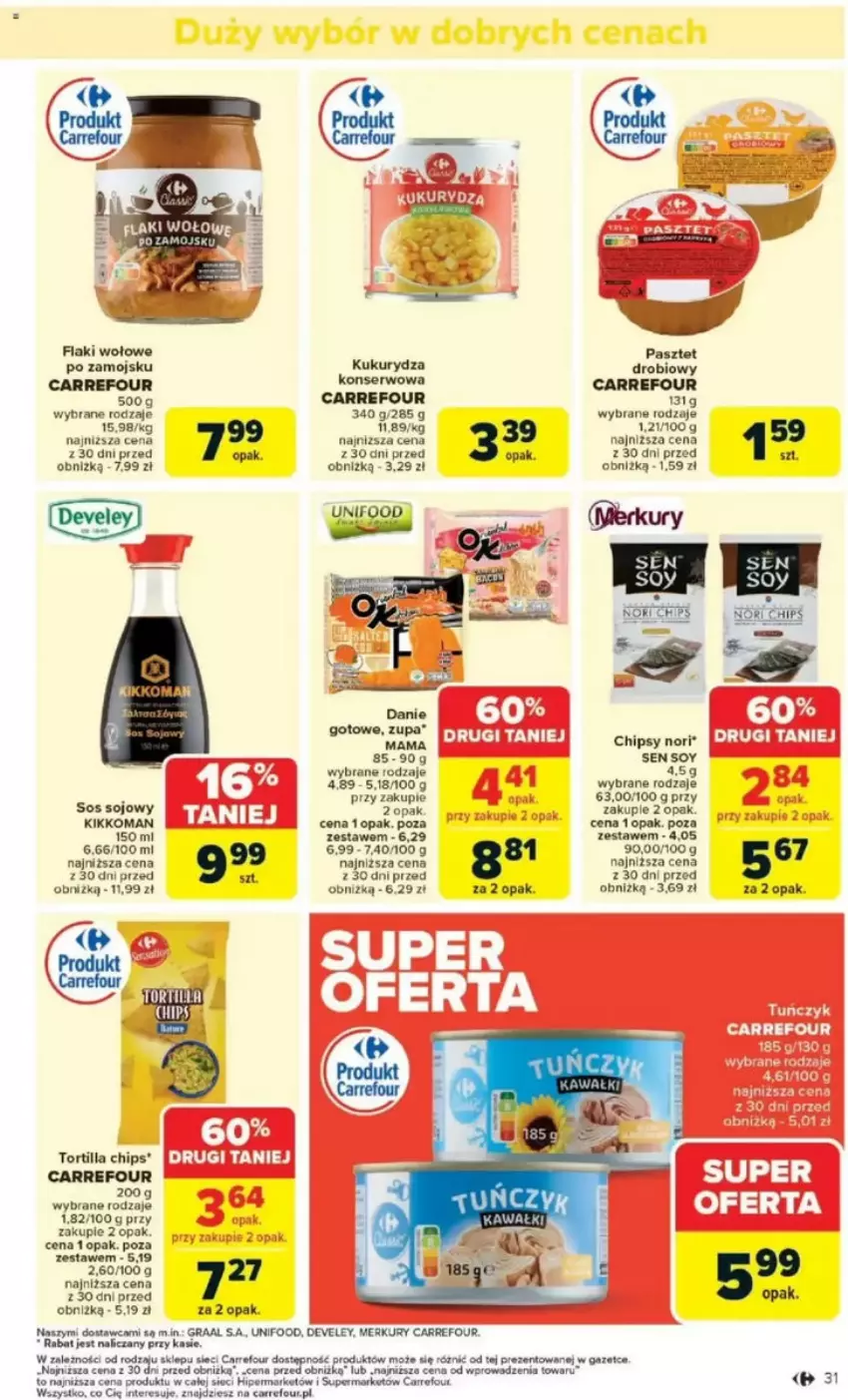 Gazetka promocyjna Carrefour - ważna 05.05 do 10.05.2025 - strona 27 - produkty: Flaki, Flaki wołowe, Gra, Graal, Kukurydza, Pasztet, Por, Ser, Sos, Sos sojowy, Tortilla, Tortilla Chips, Zupa