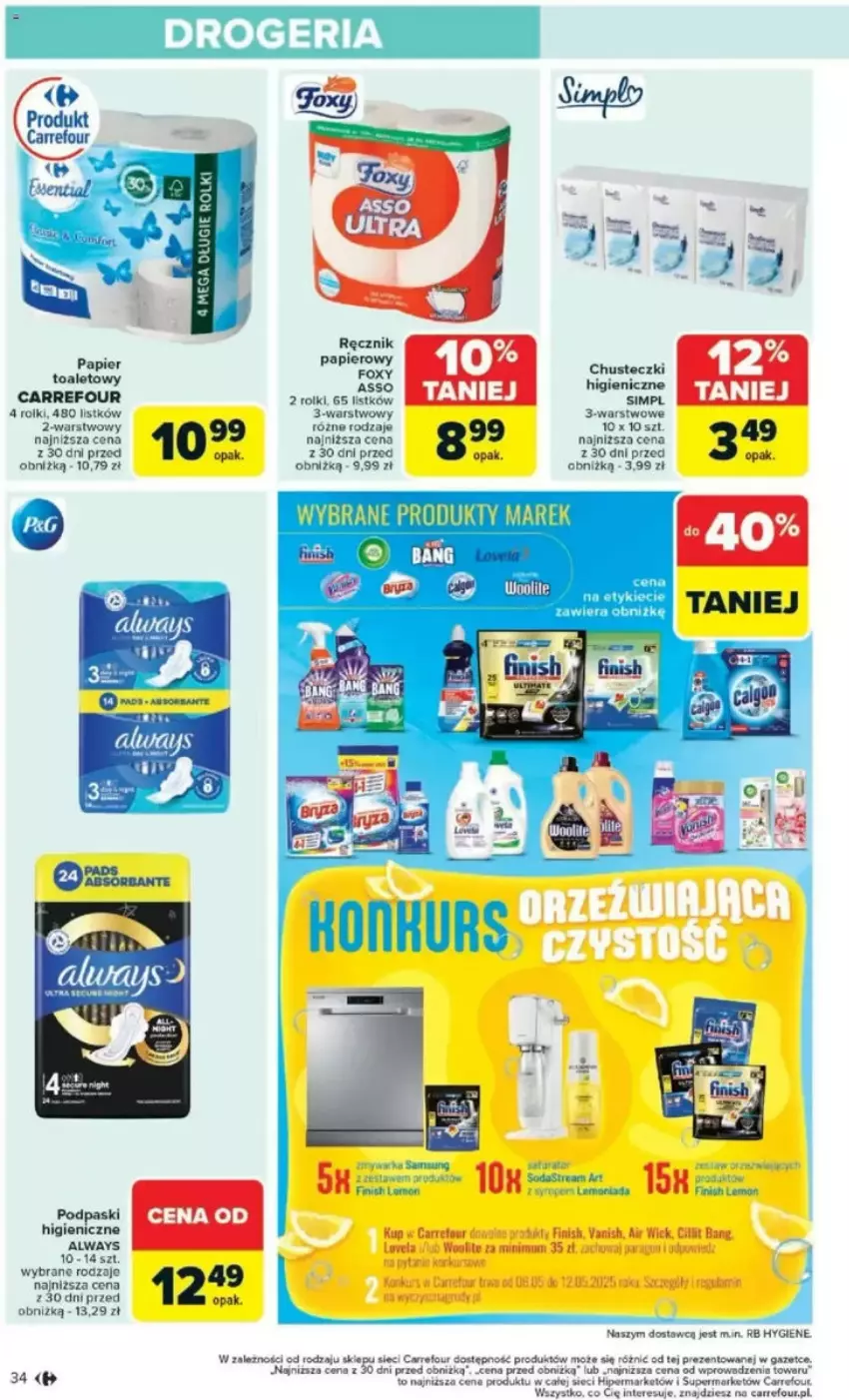 Gazetka promocyjna Carrefour - ważna 05.05 do 10.05.2025 - strona 30 - produkty: Always, Cillit Bang, Finish, Laur, Podpaski, Ręcznik, Rolki, Vanish, Woolite