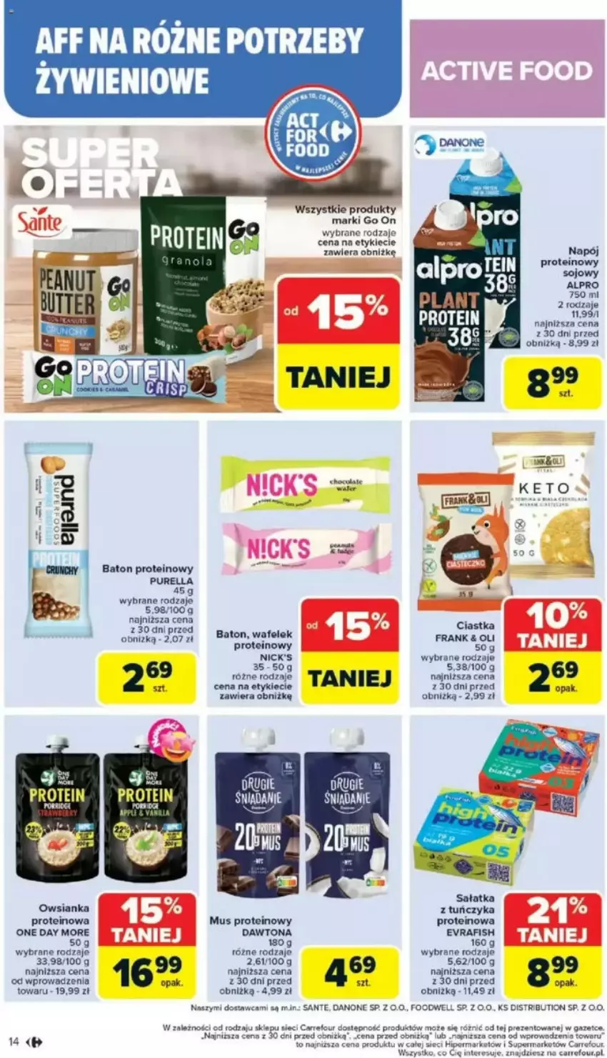 Gazetka promocyjna Carrefour - ważna 05.05 do 10.05.2025 - strona 8 - produkty: Alpro, Baton, Ciastka, Danone, Dawtona, Laur, Mus, Napój, O nas, Owsianka, Pur, Sałat, Sałatka, Sante, Tuńczyk