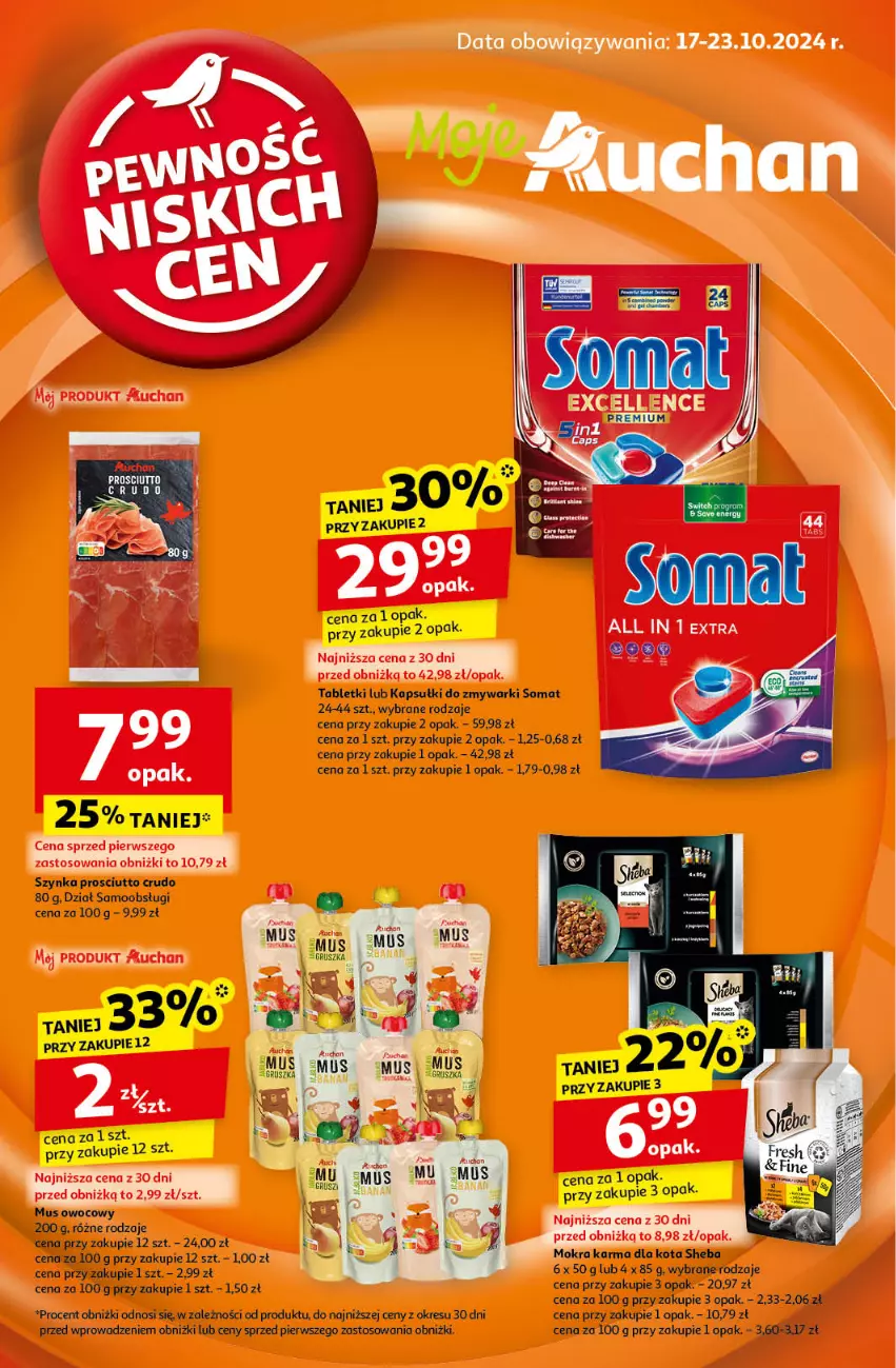 Gazetka promocyjna Auchan - Pewność Niskich Cen Moje - ważna 17.10 do 23.10.2024 - strona 1 - produkty: Prosciutto, Sheba, Somat, Szynka, Tablet