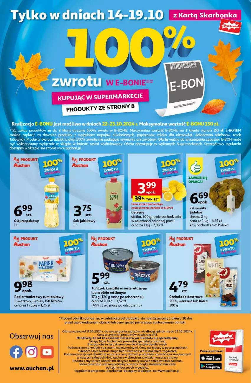 Gazetka promocyjna Auchan - Pewność Niskich Cen Moje - ważna 17.10 do 23.10.2024 - strona 10 - produkty: Cytryny, Czekolada, Deser, Gra, Kawa, Olej, Olej rzepakowy, Papier, Papier toaletowy, Rum, Ser, Siatka, Sok, Sok jabłkowy, Sos, Tera, Tuńczyk, Ziemniaki