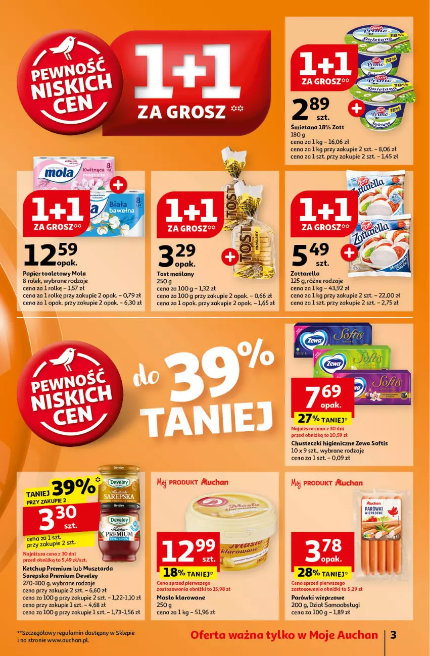 Gazetka promocyjna Auchan - Pewność Niskich Cen Moje - ważna 17.10 do 23.10.2024 - strona 3 - produkty: Chusteczki, Ketchup, Masło, Masło klarowane, Mola, Mus, Musztarda, Papier, Papier toaletowy, Parówki, Zott, Zottarella