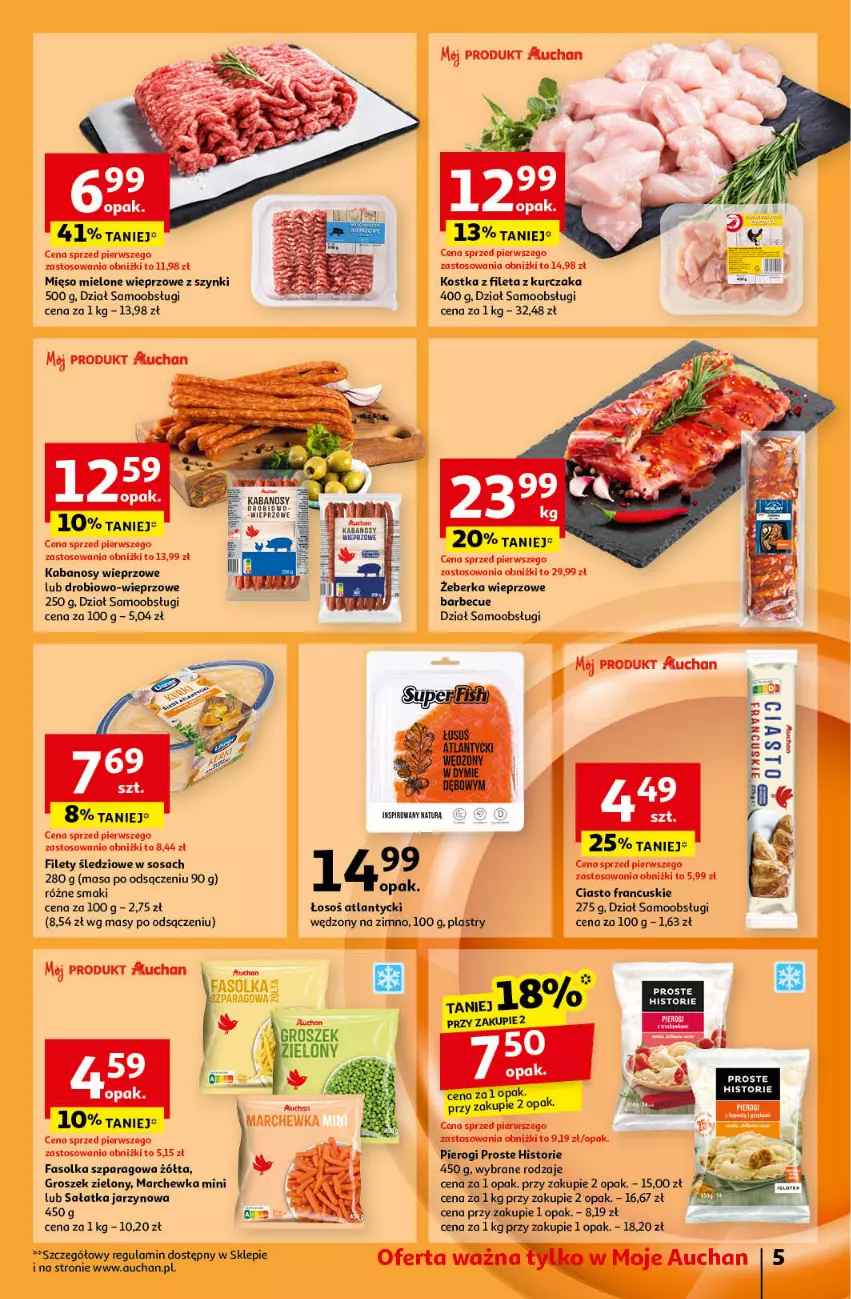 Gazetka promocyjna Auchan - Pewność Niskich Cen Moje - ważna 17.10 do 23.10.2024 - strona 7 - produkty: Ciasto francuskie, Fa, Groszek, Kabanos, Kurczak, Marchewka, Mięso, Mięso mielone, Pierogi, Sałat, Sałatka, Ser, Sos