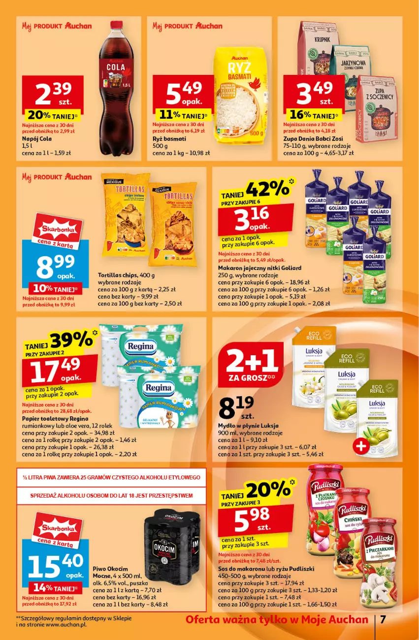 Gazetka promocyjna Auchan - Pewność Niskich Cen Moje - ważna 17.10 do 23.10.2024 - strona 9 - produkty: Aloe vera, Gin, Goliard, Gra, Koc, Luksja, Makaron, Napój, Okocim, Papier, Papier toaletowy, Piwa, Piwo, Pudliszki, Rum, Ryż, Ryż basmati, Sos, Sos do makaronu, Tortilla, Zupa