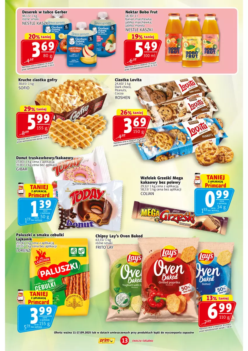 Gazetka promocyjna Prim Market - ważna 11.09 do 17.09.2025 - strona 13 - produkty: Chipsy, Ciastka, Deser, Donut, Gerber, Gofry, Grześki, Kakao, Lovi, Marchewka, Morela, Nektar, Ser, Serek, Wafelek