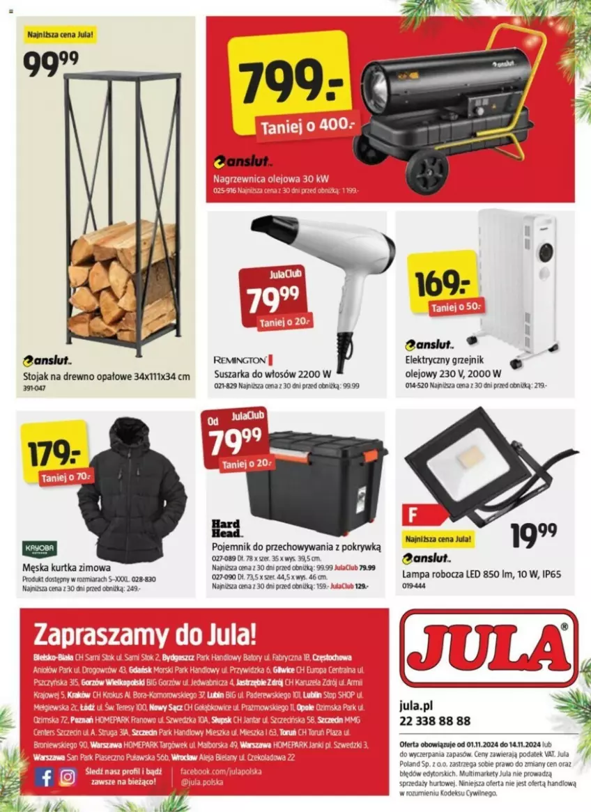 Gazetka promocyjna Jula - ważna 01.11 do 14.11.2024 - strona 13 - produkty: Drewno opałowe, Fa, Grzejnik, Kurtka, Lampa, Lampa robocza LED, Olej, Pojemnik, Pojemnik do przechowywania, Remington, Stojak, Suszarka