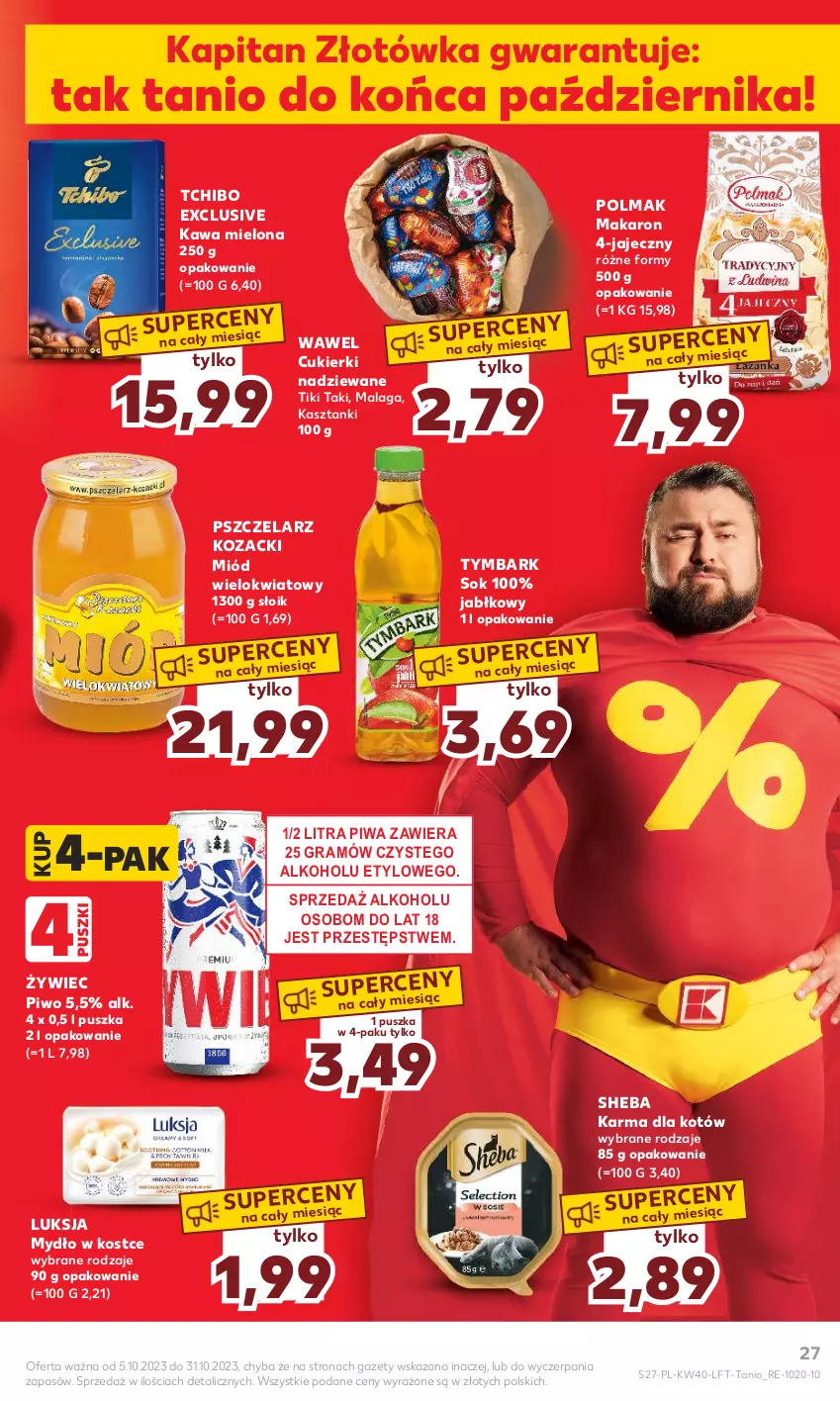 Gazetka promocyjna Kaufland - Gazetka tygodnia - ważna 05.10 do 11.10.2023 - strona 27 - produkty: Cukier, Cukierki, Cukierki nadziewane, Gra, Kawa, Kawa mielona, Luksja, Makaron, Miód, Mydło, Olma, Piwa, Piwo, Sheba, Sok, Tchibo, Tymbark, Wawel