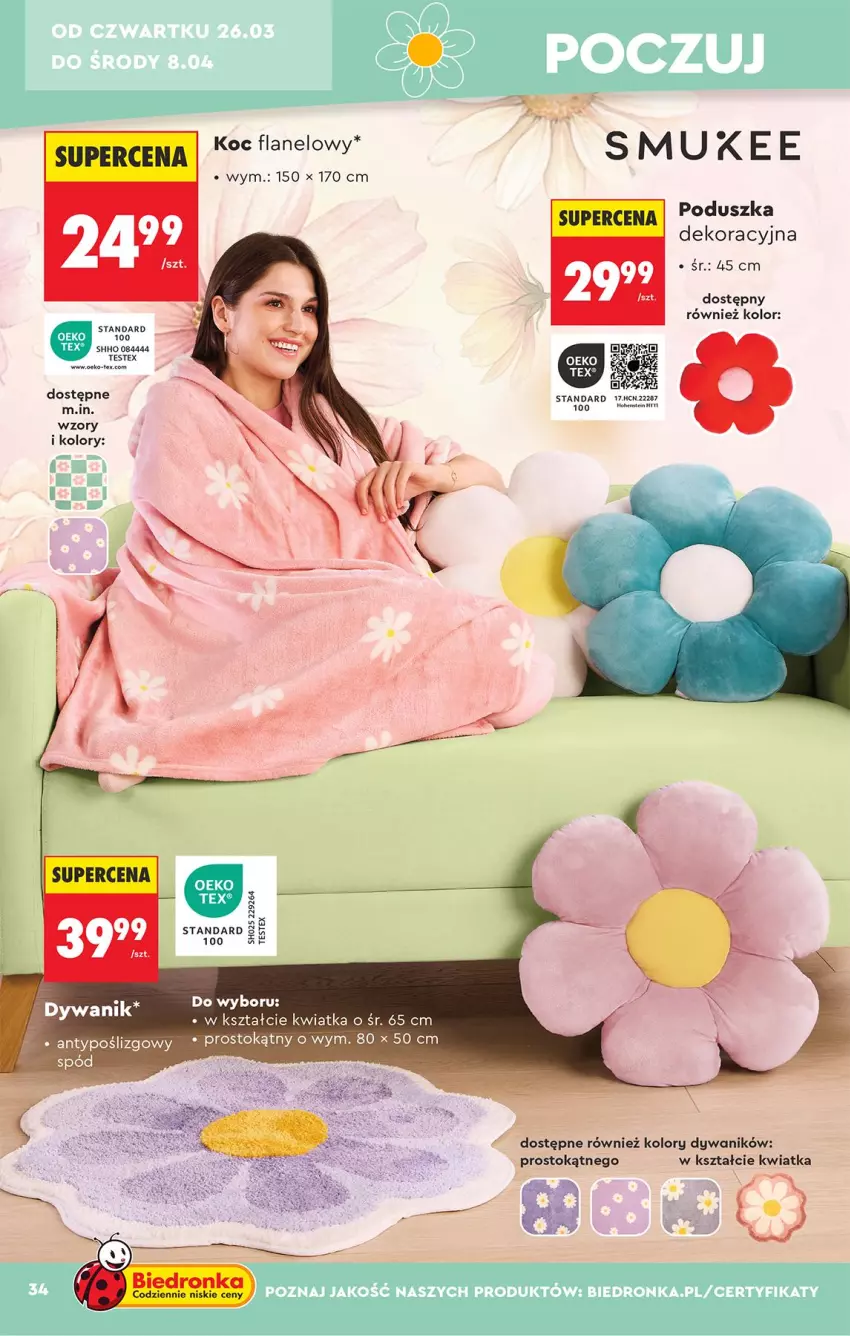 Gazetka promocyjna Biedronka - Okazje Tygodnia - ważna 21.03 do 04.04.2026 - strona 34 - produkty: Dywan, Dywanik, Fa, Koc, Poduszka, Poduszka dekoracyjna