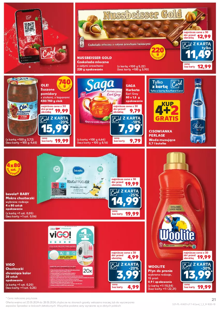 Gazetka promocyjna Kaufland - Gazetka tygodnia - ważna 23.05 do 28.05.2024 - strona 21 - produkty: Chusteczki, Cisowianka, Czekolada, Czekolada mleczna, Earl Grey, Gra, Herbata, Mus, Ole!, Płyn do prania, Pomidory, Saga, Ser, Suszone pomidory, Woda, Woolite