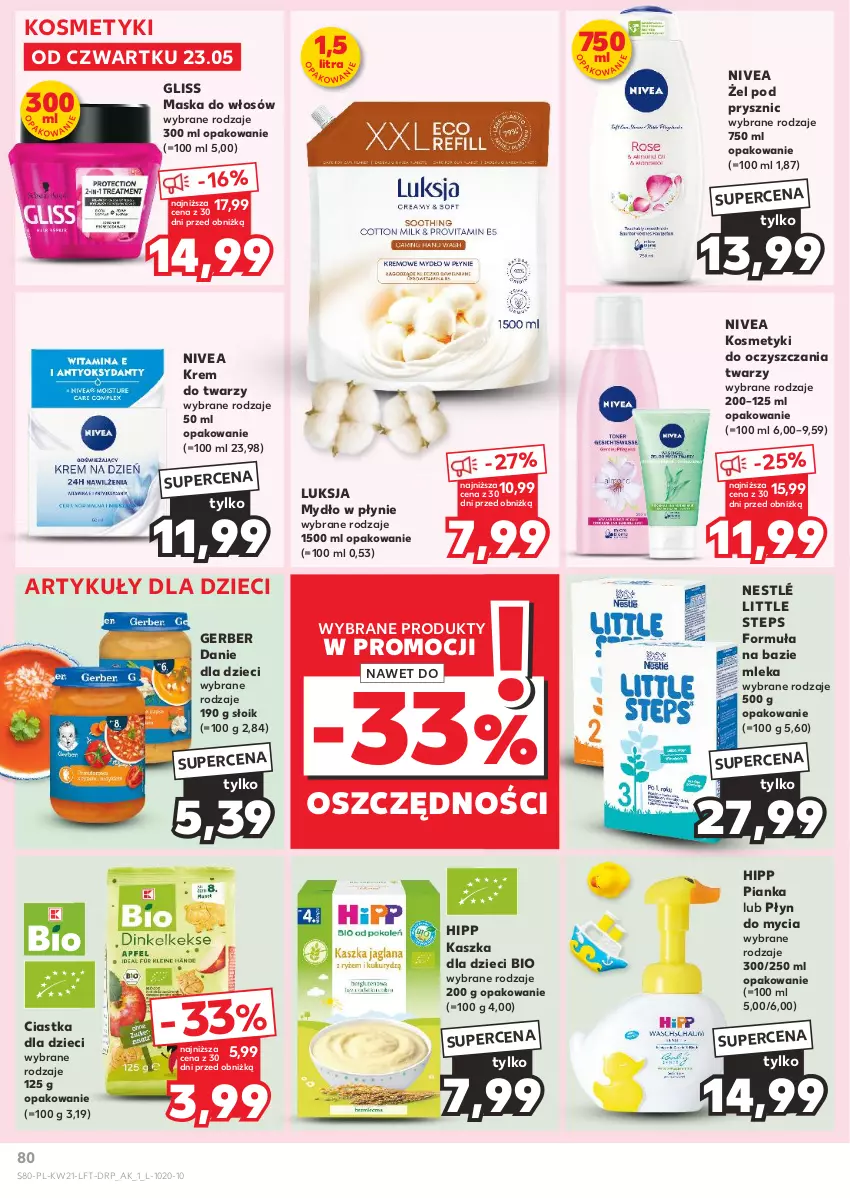 Gazetka promocyjna Kaufland - Gazetka tygodnia - ważna 23.05 do 28.05.2024 - strona 80 - produkty: Ciastka, Danie dla dzieci, Dzieci, Gerber, HiPP, Krem do twarzy, Luksja, Maska, Maska do włosów, Mydło, Mydło w płynie, Nestlé, Nivea, Płyn do mycia