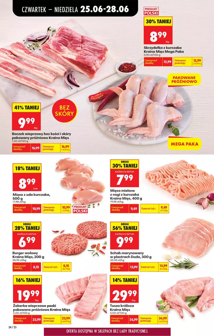 Gazetka promocyjna Biedronka - Od Czwartku - ważna 25.06 do 01.07.2026 - strona 28 - produkty: Boczek, Boczek wieprzowy, Burger, Duda, Fa, Kurczak, Mięso, Mięso mielone, Mięso z uda kurczaka, Skrzydełka z kurczaka, Tusz
