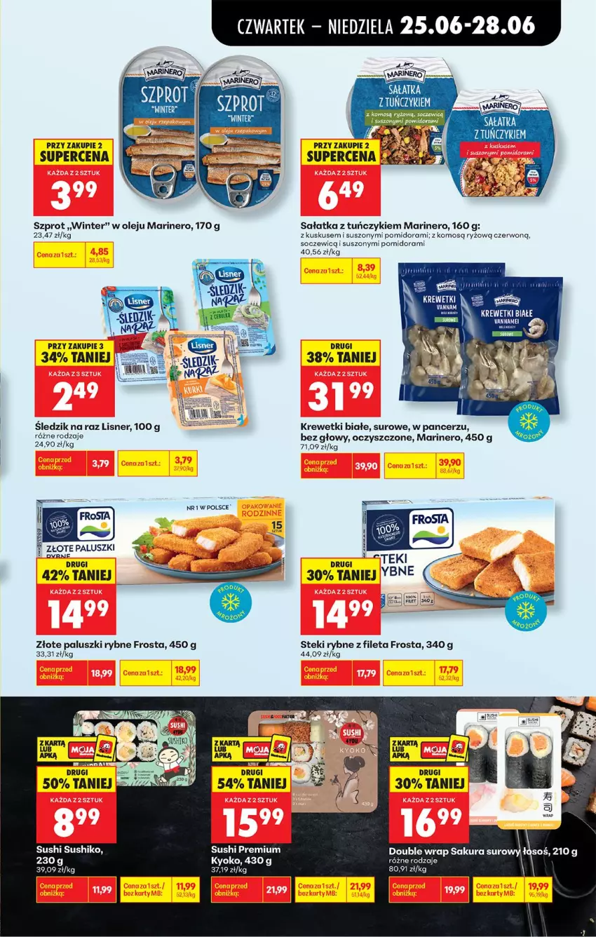 Gazetka promocyjna Biedronka - Od Czwartku - ważna 25.06 do 01.07.2026 - strona 39 - produkty: Frosta, Kokos, Krewetki, Kuskus, Lisner, Olej, Paluszki rybne, Ryż, Sałat, Sałatka, Stek, Sushi, Szprot, Tuńczyk
