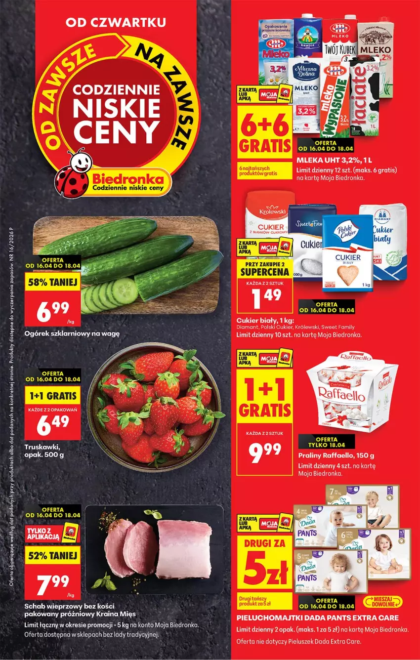 Gazetka promocyjna Biedronka - Od Czwartku - ważna 16.04 do 22.04.2026 - strona 1 - produkty: Cukier, Dada, Diamant, Fa, Gra, Kret, Królewski, Majtki, Pieluchomajtki, Praliny, Raffaello, Schab wieprzowy, Truskawki