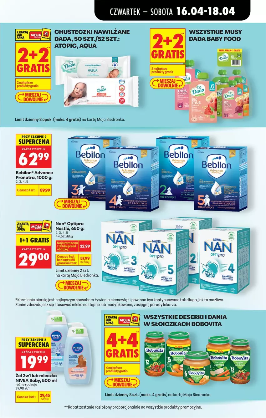 Gazetka promocyjna Biedronka - Od Czwartku - ważna 16.04 do 22.04.2026 - strona 77 - produkty: BEBILON, BoboVita, Chusteczki, Dada, Deser, Gra, Karmi, Mleczko, Mleko, Mus, Nivea, Nivea Baby, O nas, Por, Ser, Top