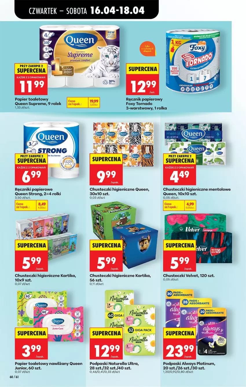 Gazetka promocyjna Biedronka - Od Czwartku - ważna 16.04 do 22.04.2026 - strona 80 - produkty: Always, Chusteczki, Foxy, Naturell, Naturella, Papier, Papier toaletowy, Podpaski, Ręcznik, Ręczniki papierowe, Rolki, Velvet