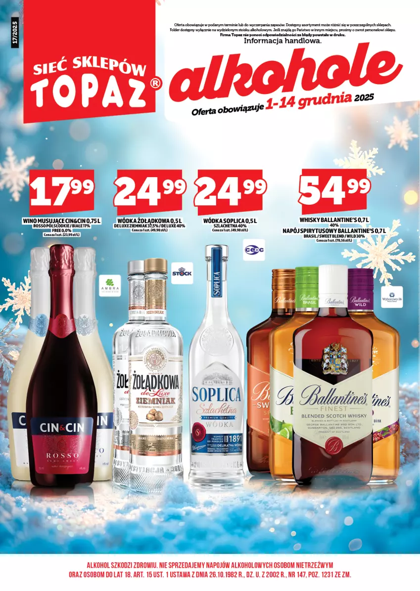 Gazetka promocyjna Topaz - Gazetka - ważna 01.12 do 13.12.2025 - strona 1 - produkty: Ballantine's, Mus, Napój, Soplica, Top, Whisky, Wódka