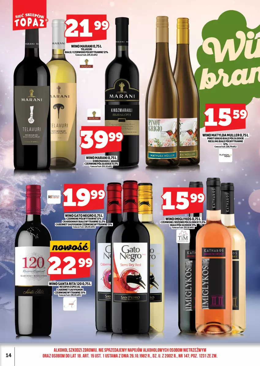 Gazetka promocyjna Topaz - Gazetka - ważna 01.12 do 13.12.2025 - strona 14 - produkty: Cabernet Sauvignon, Chardonnay, Pinot Grigio, Wino