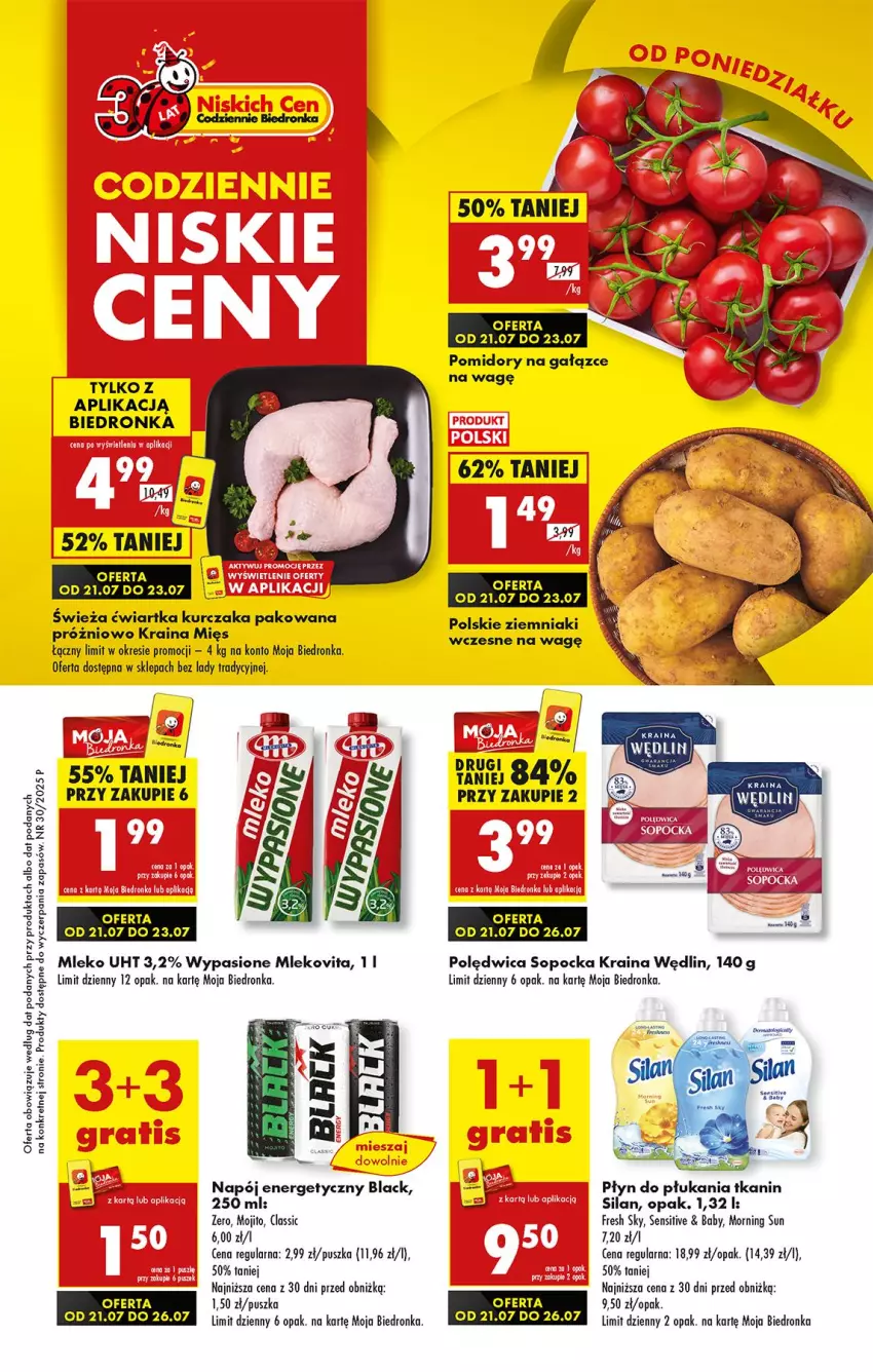 Gazetka promocyjna Biedronka - Od Poniedziałku - ważna 21.07 do 26.07.2025 - strona 1 - produkty: Fa, Gra, Inka, Kret, Kurczak, Lack, Mleko, Mlekovita, Napój, Napój energetyczny, Płyn do płukania, Polędwica, Pomidory, Silan, Ziemniaki