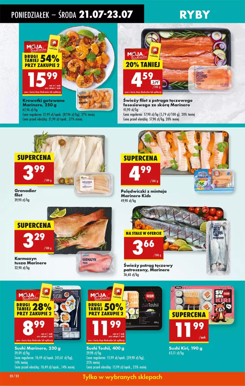 Gazetka promocyjna Biedronka - Od Poniedziałku - ważna 21.07 do 26.07.2025 - strona 30 - produkty: Filet z pstrąga, Grenadier, Karmazyn tusza, Krewetki, Miarka, Mintaj, Pstrąg, Pstrąg tęczowy, Sok, Sos, Tusz