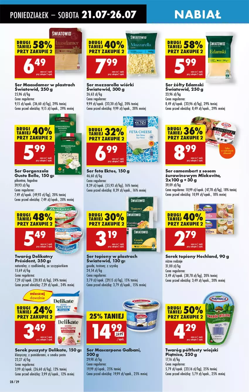Gazetka promocyjna Biedronka - Od Poniedziałku - ważna 21.07 do 26.07.2025 - strona 40 - produkty: Bell, Camembert, Dada, Edam, Fa, Feta, Galbani, Gorgonzola, Gouda, Gra, Hochland, Maasdam, Mascarpone, Mleko, Mlekovita, Mozzarella, Pesto, Ser, Serek, Serek puszysty, Sos, Top, Twaróg, Twaróg delikatny, Wino