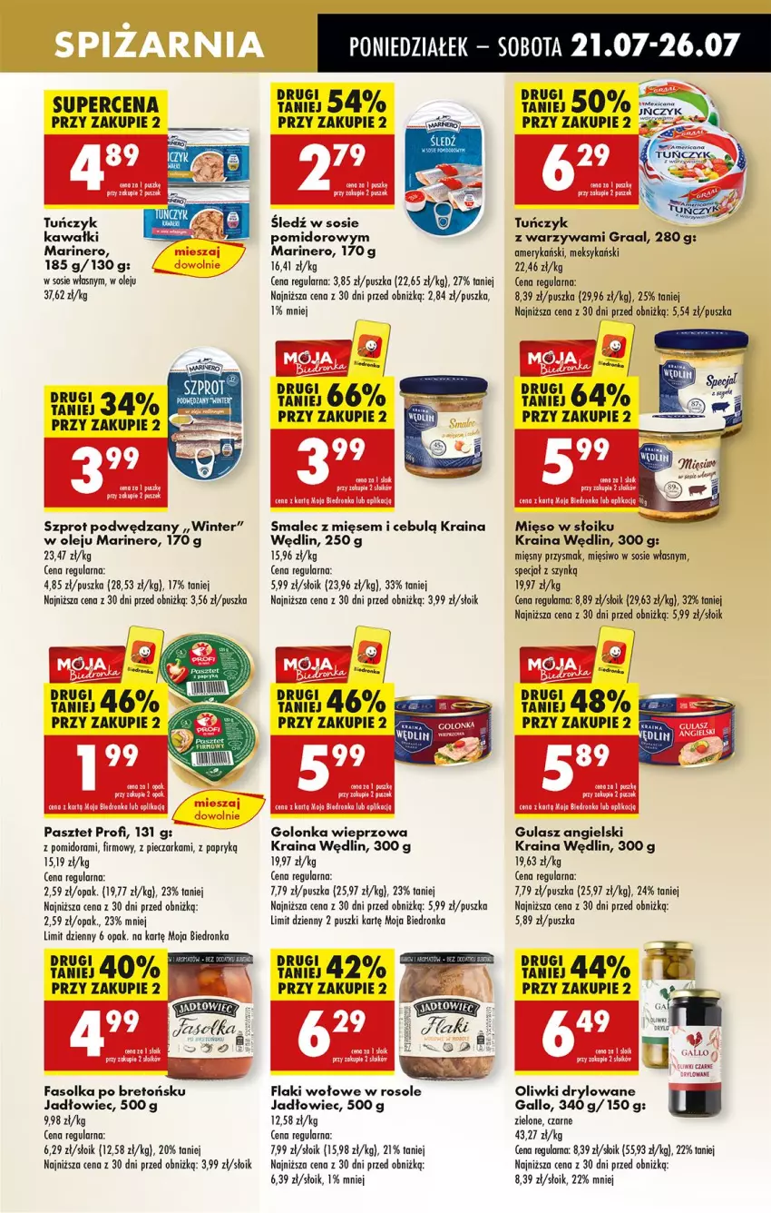 Gazetka promocyjna Biedronka - Od Poniedziałku - ważna 21.07 do 26.07.2025 - strona 47 - produkty: Fa, Flaki, Flaki wołowe, Golonka wieprzowa, Gra, Graal, Kawa, Mięso, Mięso w słoiku, Olej, Oliwki, Pasztet, Piec, Pieczarka, Smalec, Sos, Szprot, Tuńczyk, Warzywa