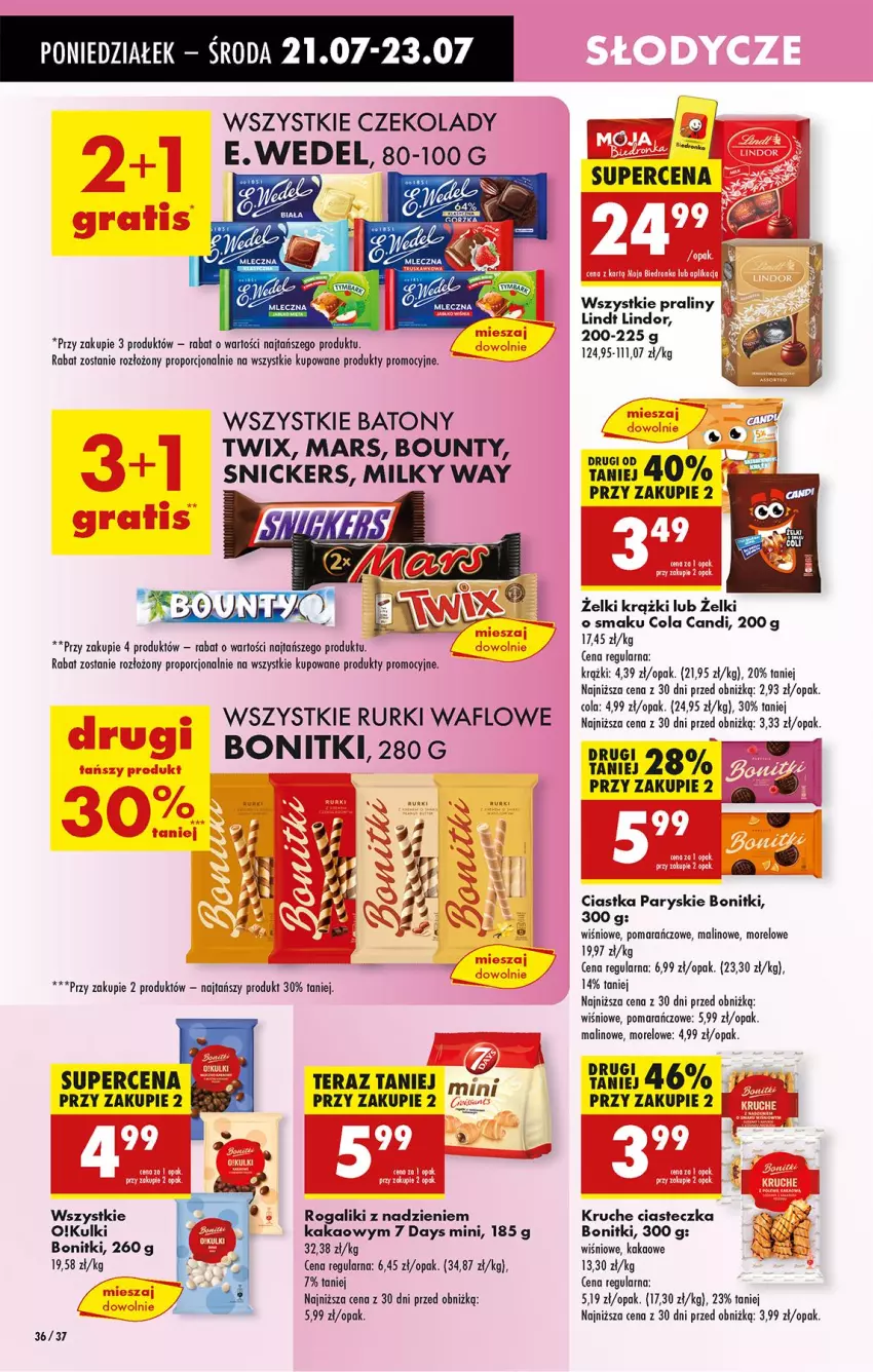 Gazetka promocyjna Biedronka - Od Poniedziałku - ważna 21.07 do 26.07.2025 - strona 48 - produkty: 7 Days, Baton, Bonitki, Bounty, Ciastka, E. Wedel, Kakao, Lindor, Lindt, Mars, Milky Way, Por, Praliny, Rogal, Rurki, Snickers, Tera, Twix