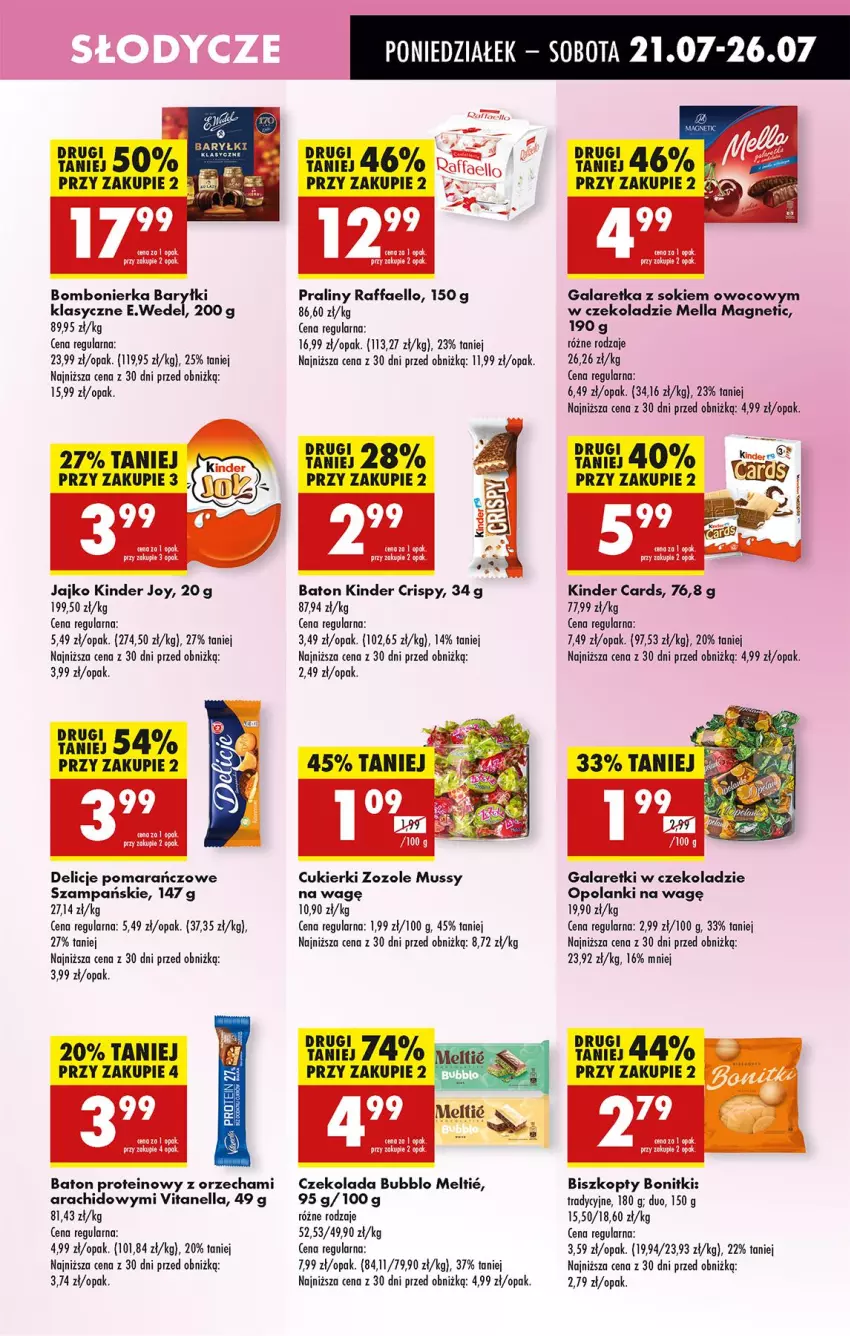 Gazetka promocyjna Biedronka - Od Poniedziałku - ważna 21.07 do 26.07.2025 - strona 49 - produkty: Baryłki, Baton, Biszkopty, Bonitki, Cukier, Cukierki, Czekolada, Delicje, Fa, Gala, Galaretka, Galaretki, Kinder, Lanki, Mus, Praliny, Raffaello, Sok