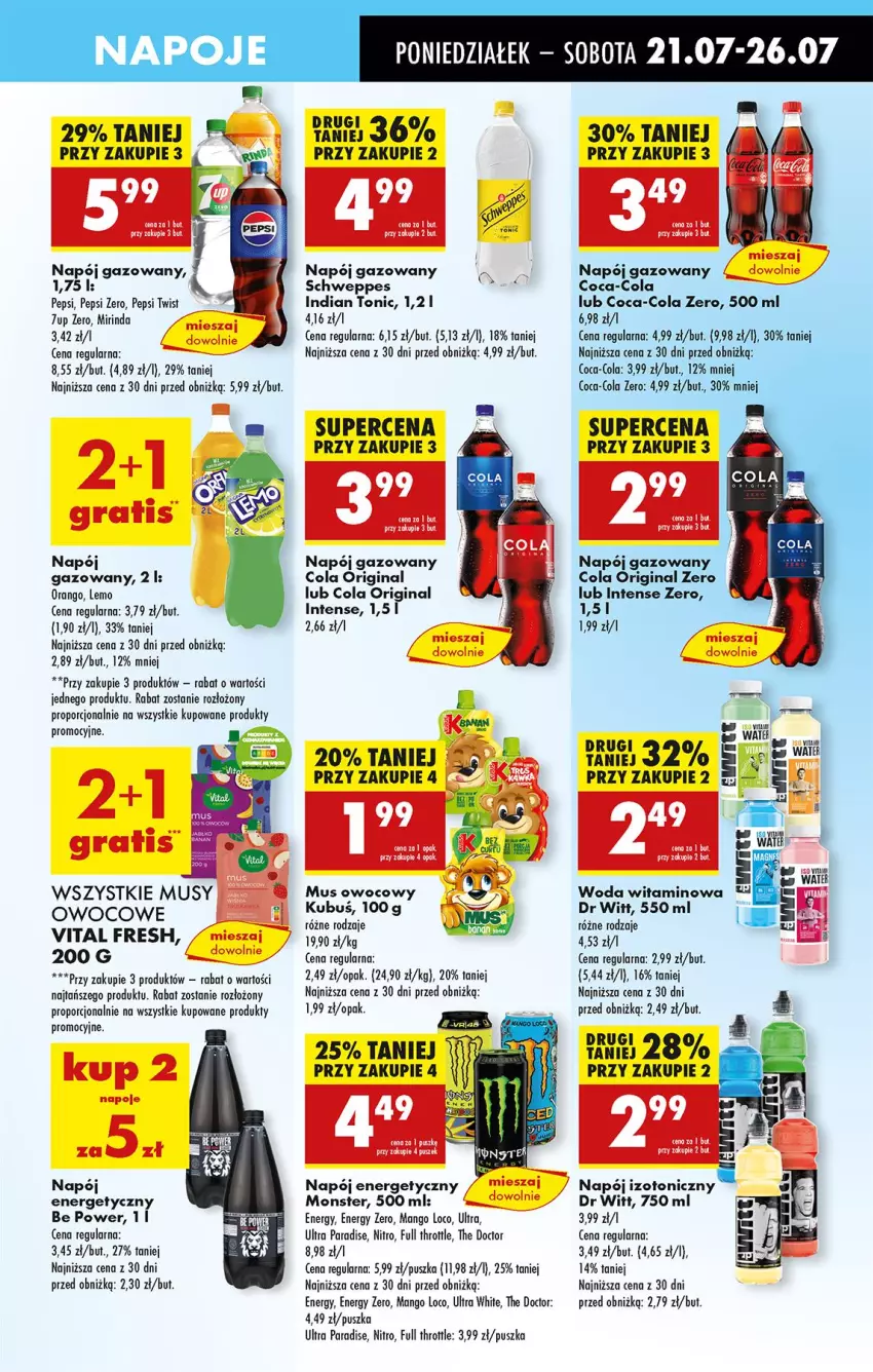 Gazetka promocyjna Biedronka - Od Poniedziałku - ważna 21.07 do 26.07.2025 - strona 59 - produkty: Coca-Cola, Full Throttle, Gin, Leon, Mango, Mirinda, Mus, Napój, Napój energetyczny, Napój gazowany, Napój izotoniczny, Napoje, Pepsi, Por, Woda