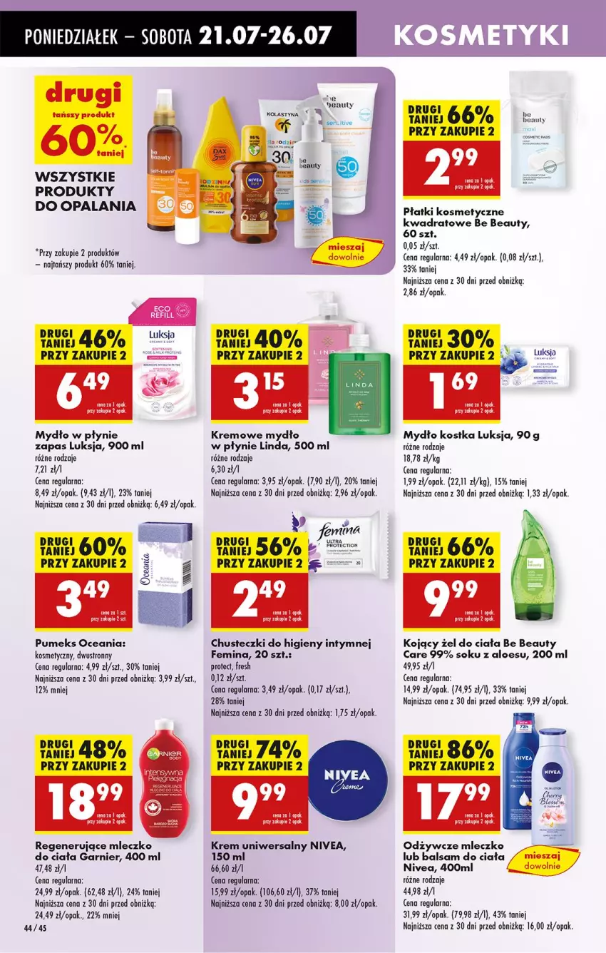 Gazetka promocyjna Biedronka - Od Poniedziałku - ważna 21.07 do 26.07.2025 - strona 64 - produkty: Be Be, Chusteczki, Chusteczki do higieny, Garnier, Krem uniwersalny, Leon, Luksja, Mleczko, Mleczko do ciała, Mydło, Mydło w płynie, Nivea, Płatki kosmetyczne, Pumeks, Sok