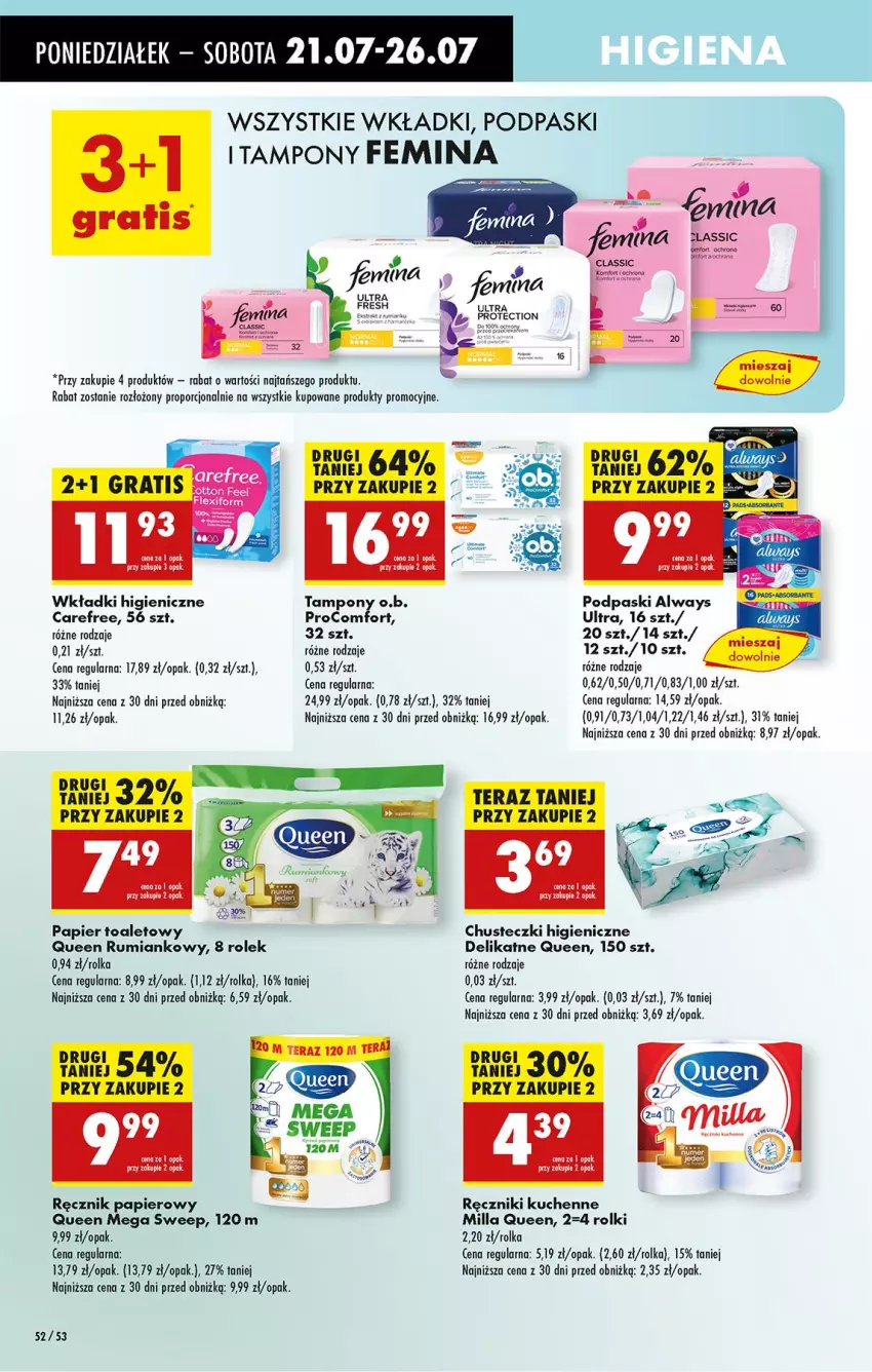 Gazetka promocyjna Biedronka - Od Poniedziałku - ważna 21.07 do 26.07.2025 - strona 76 - produkty: Always, Carefree, Chusteczki, O.B., Papier, Papier toaletowy, Podpaski, Por, Ręcznik, Rolki, Rum, Tampony, Wkładki