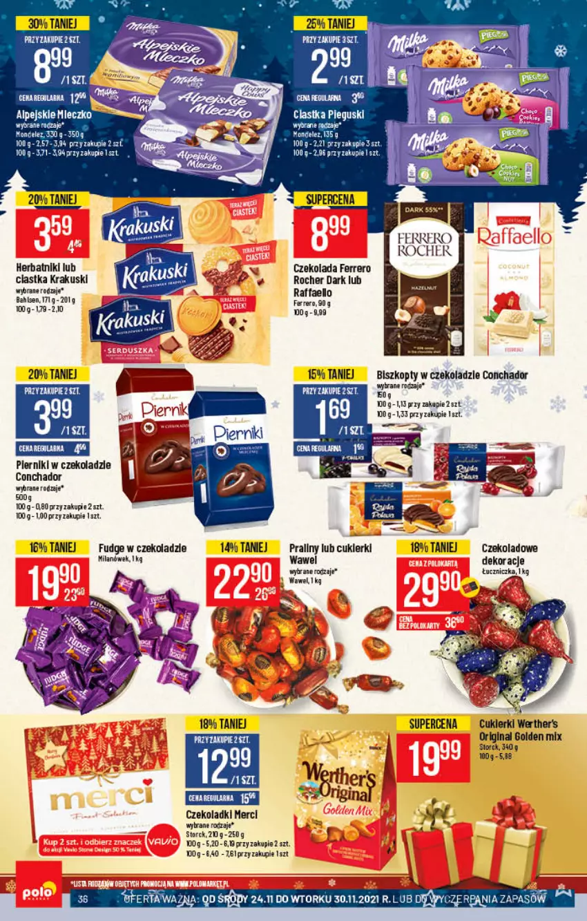 Gazetka promocyjna PoloMarket - Gazetka pomocyjna - ważna 24.11 do 30.11.2021 - strona 36 - produkty: Biszkopty, Ciastka, Cukier, Cukierki, Czekolada, Fa, Ferrero, Gin, Herbatniki, Krakus, Krakuski, LG, Piernik, Pierniki w czekoladzie, Praliny, Wawel, Znicz