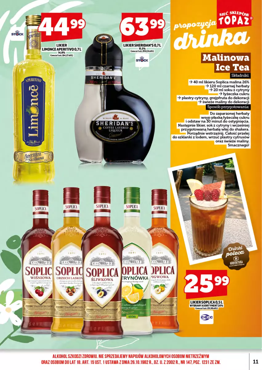 Gazetka promocyjna Topaz - Gazetka - ważna 17.07 do 31.07.2026 - strona 13 - produkty: Cytryny, Grejpfrut, Ice tea, Lanki, Likier, Maliny, Por, Sheridan's, Sok, Soplica