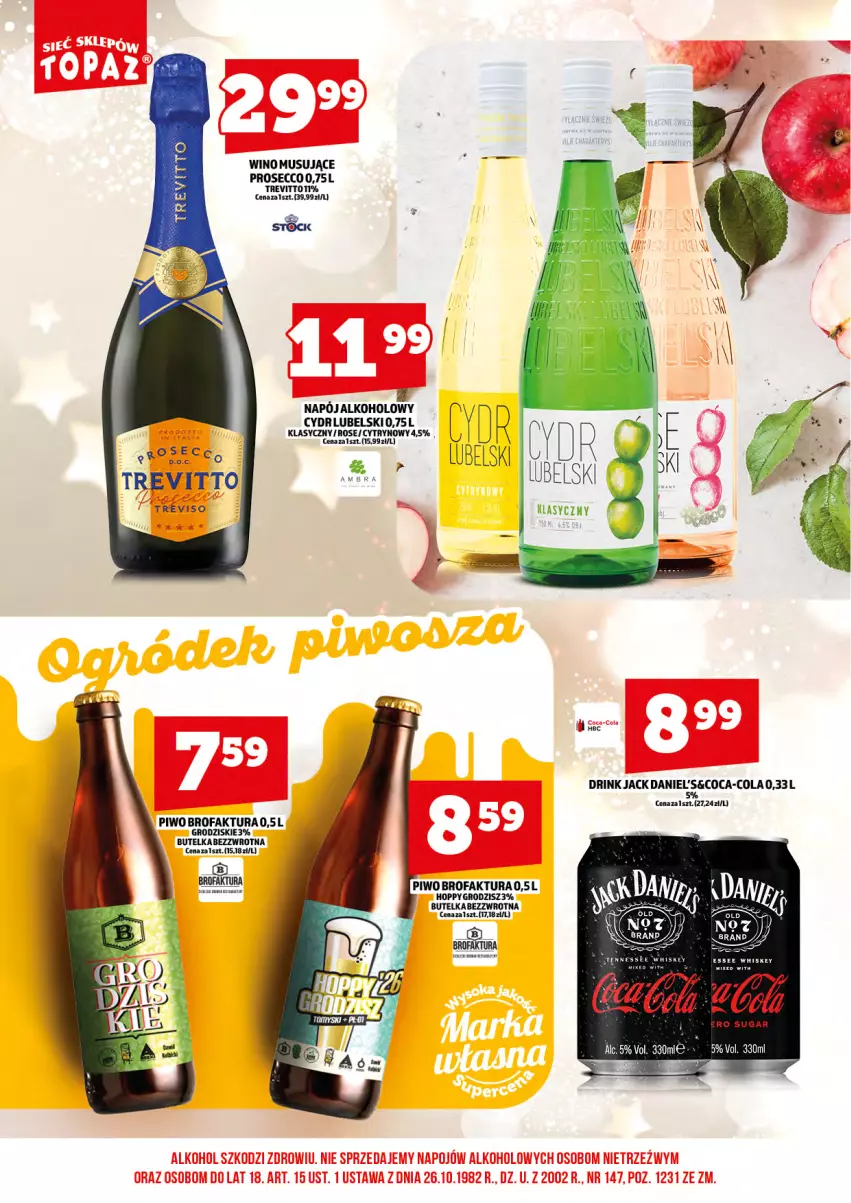 Gazetka promocyjna Topaz - Gazetka - ważna 17.07 do 31.07.2026 - strona 14 - produkty: Coca-Cola, Fa, Jack Daniel's, Mus, Napój, Piwo, Prosecco, Wino, Wino musujące