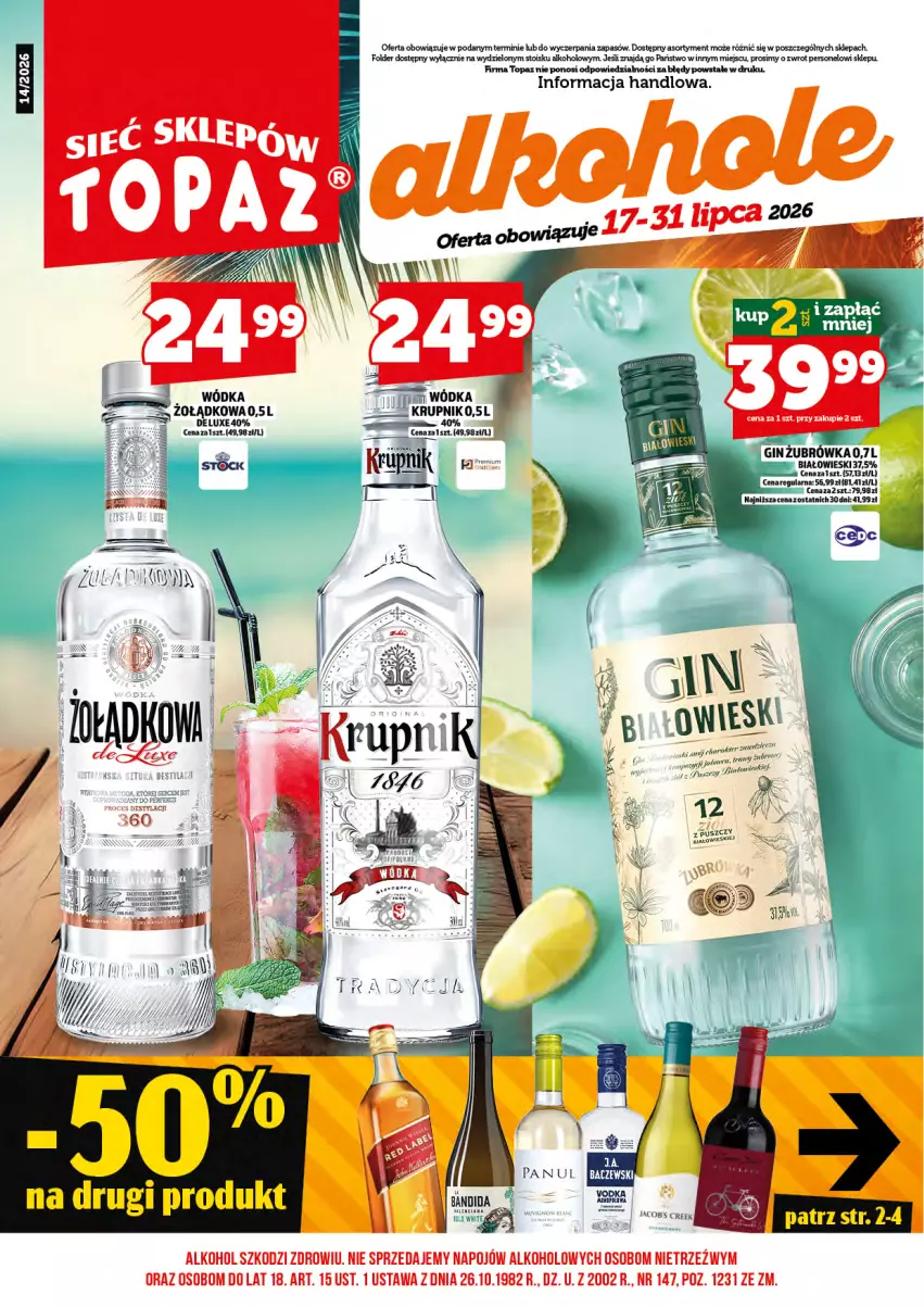 Gazetka promocyjna Topaz - Gazetka - ważna 17.07 do 31.07.2026 - strona 3 - produkty: Gin, Krupnik, Stock, Top, Wódka