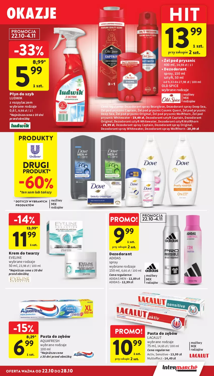Gazetka promocyjna Intermarche - Gazetka promocyjna - ważna 22.10 do 28.10.2026 - strona 37 - produkty: Adidas, Aquafresh, Dezodorant, Eveline, Gin, Krem do twarzy, Lacalut, Ludwik, Old Spice, Pasta do zębów, Płyn do szyb