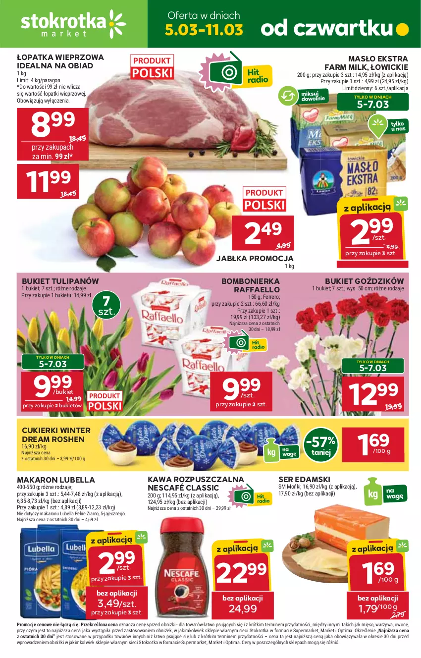 Gazetka promocyjna Stokrotka - Market - ważna 05.03 do 11.03.2026 - strona 1 - produkty: Bell, Bella, Bukiet, Cukier, Cukierki, Edam, Fa, Farm Milk, Ferrero, Jabłka, Kawa, Kawa rozpuszczalna, Lubella, Makaron, Masło, Mięso, Nescafé, Optima, Owoce, Raffaello, Ser, Tulipan, Warzywa