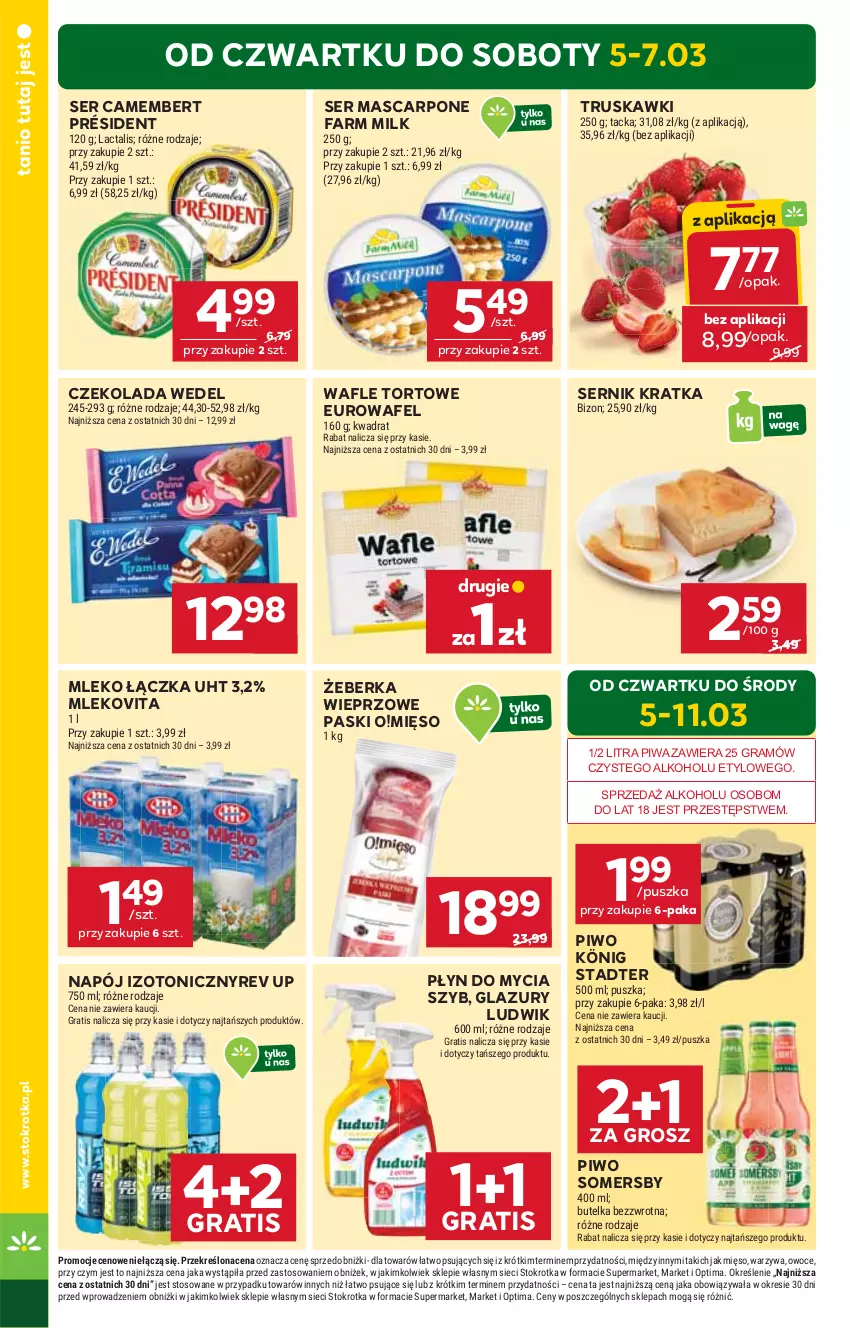 Gazetka promocyjna Stokrotka - Market - ważna 05.03 do 11.03.2026 - strona 2 - produkty: Camembert, Czekolada, Fa, Farm Milk, Gra, König, Lazur, Ludwik, Mascarpone, Mięso, Mleko, Mlekovita, Napój, Napój izotoniczny, Optima, Owoce, Piwa, Piwo, Płyn do mycia, Président, Ser, Somersby, Truskawki, Wafle, Wafle tortowe, Warzywa