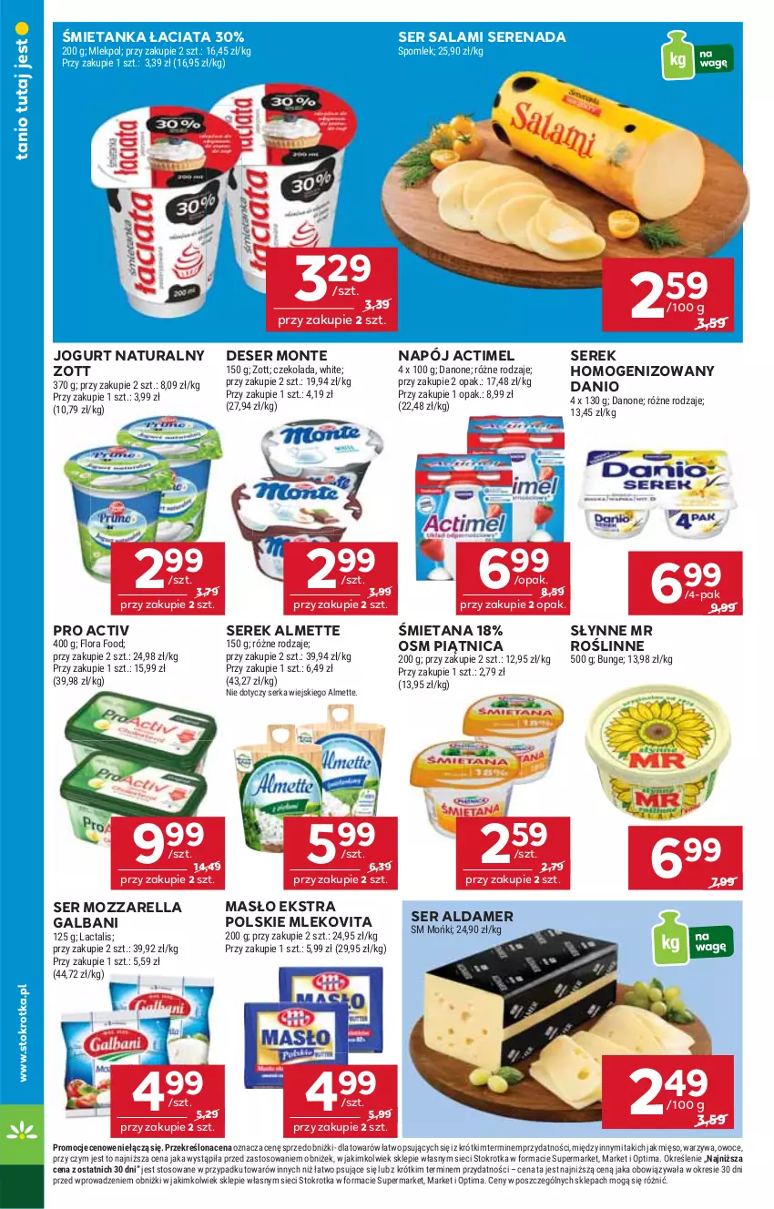 Gazetka promocyjna Stokrotka - Market - ważna 05.03 do 11.03.2026 - strona 20 - produkty: Actimel, Almette, Czekolada, Danio, Danone, Deser, Flora, Galbani, Jogurt, Jogurt naturalny, Masło, Mięso, Mleko, Mlekovita, Monte, Mozzarella, Napój, Optima, Owoce, Piątnica, Salami, Ser, Ser salami, Serek, Serek homogenizowany, Słynne, Słynne MR Roślinne, Warzywa, Zott