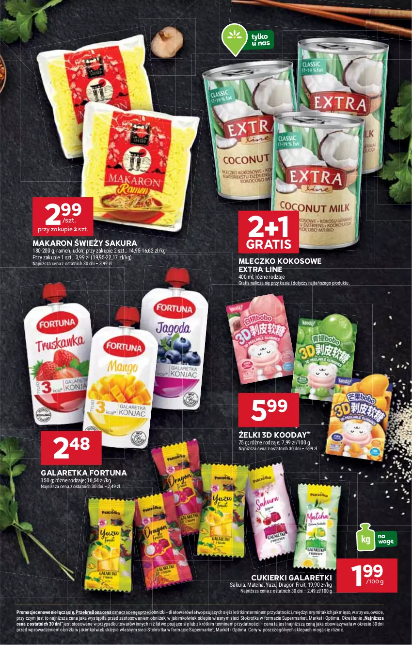 Gazetka promocyjna Stokrotka - Market - ważna 05.03 do 11.03.2026 - strona 23 - produkty: Cukier, Cukierki, Fortuna, Gala, Galaretka, Galaretki, Gra, Kokos, Makaron, Mięso, Mleczko, Optima, Owoce, Warzywa