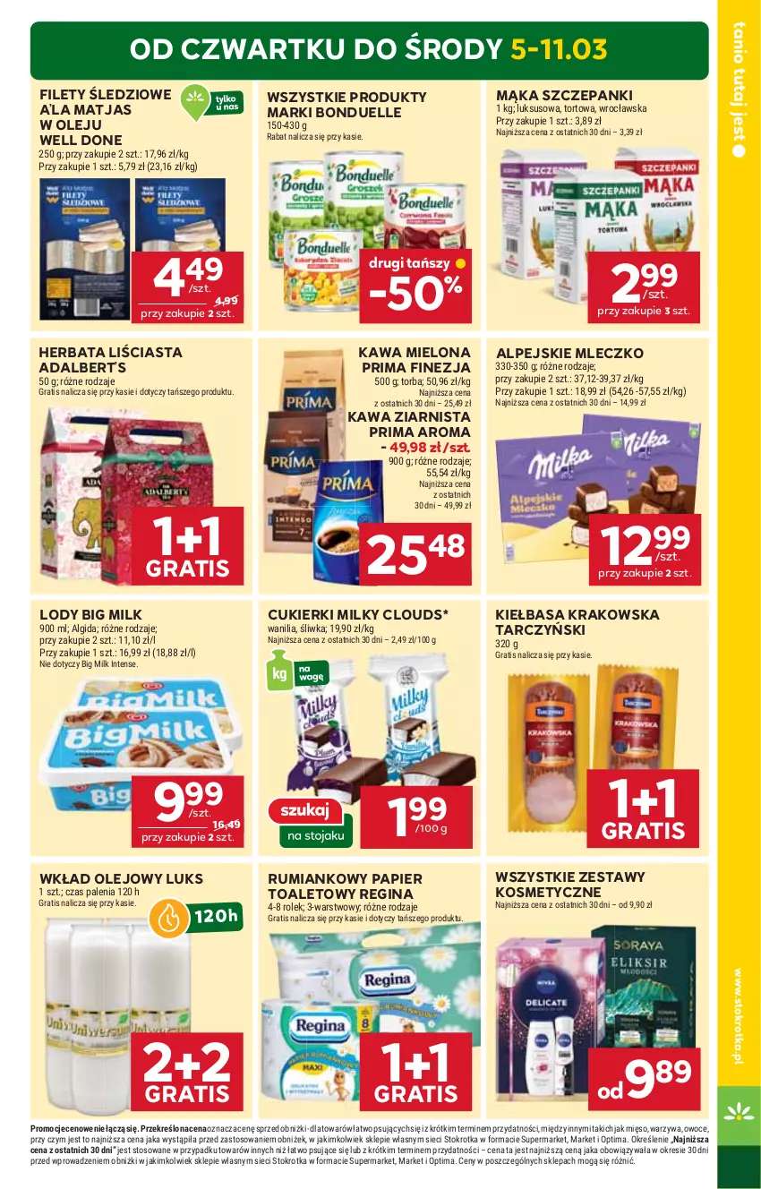 Gazetka promocyjna Stokrotka - Market - ważna 05.03 do 11.03.2026 - strona 3 - produkty: Algida, Big Milk, Bonduelle, Cukier, Cukierki, Gin, Gra, Herbata, Kawa, Kawa mielona, Kawa ziarnista, Kiełbasa, Kiełbasa krakowska, LG, Lody, Mąka, Matjas, Mięso, Mleczko, Olej, Optima, Owoce, Papier, Papier toaletowy, Prima, Rum, Tarczyński, Torba, Warzywa, Wkład olejowy