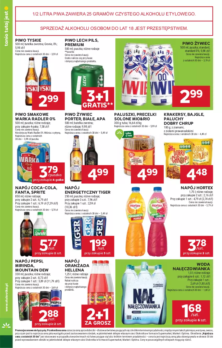 Gazetka promocyjna Stokrotka - Market - ważna 05.03 do 11.03.2026 - strona 30 - produkty: Bajgle, Coca-Cola, Fa, Fanta, Gra, Hellena, Hortex, Krakersy, Mięso, Mirinda, Nałęczowianka, Napój, Napój energetyczny, Optima, Oranżada, Owoce, Pepsi, Piwa, Piwo, Por, Precelki, Radler, Sprite, Tiger, Tyskie, Warka, Warzywa, Woda