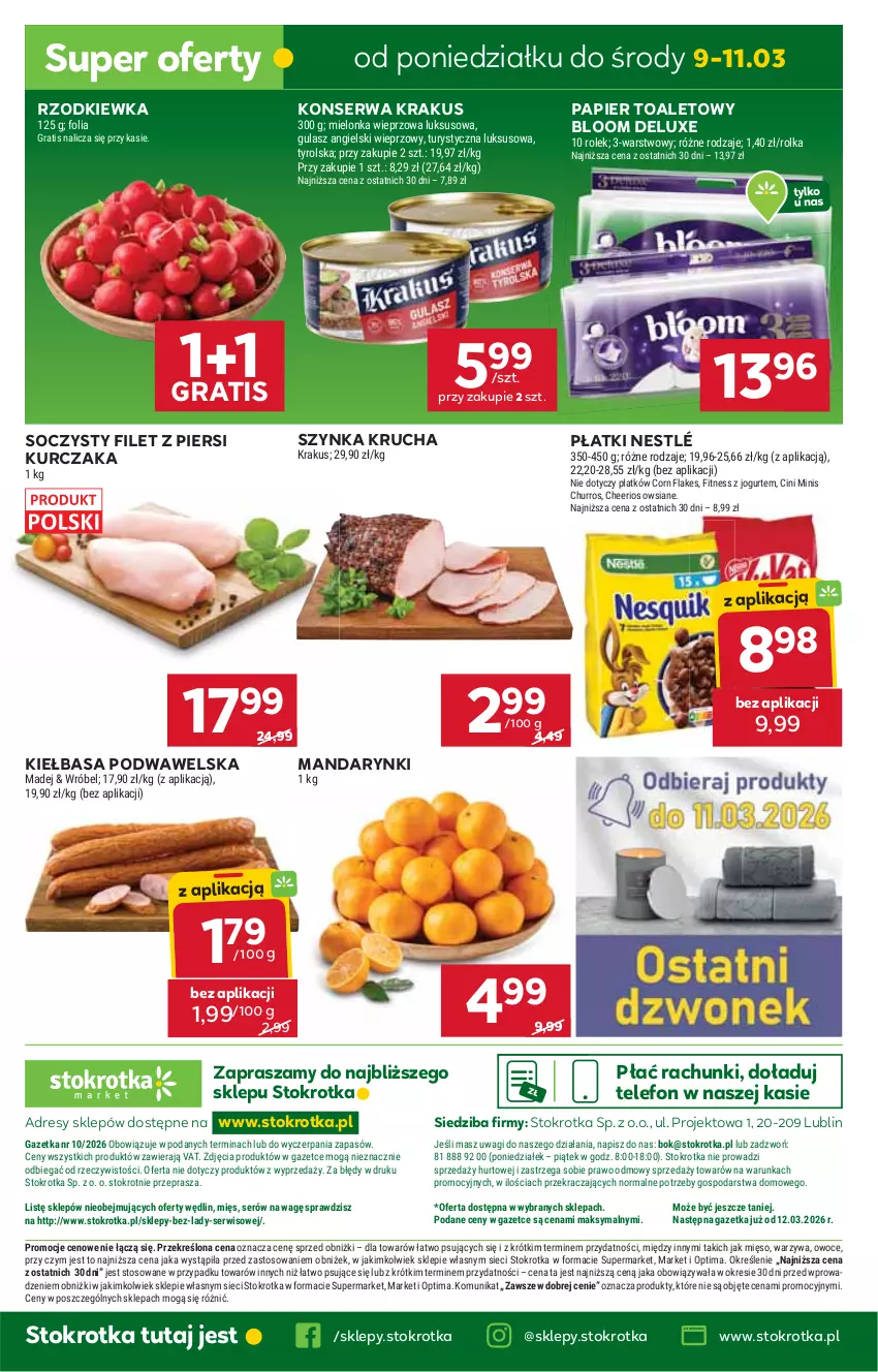 Gazetka promocyjna Stokrotka - Market - ważna 05.03 do 11.03.2026 - strona 38 - produkty: Cheerios, Cini Minis, Corn flakes, Dres, Filet z piersi kurczaka, Gra, JBL, Jogurt, Kiełbasa, Kiełbasa podwawelska, Krakus, Kurczak, Mandarynki, Mięso, Nestlé, O nas, Optima, Owoce, Papier, Papier toaletowy, Rzodkiewka, Ser, Szynka, Telefon, Wagi, Warzywa, Wawel